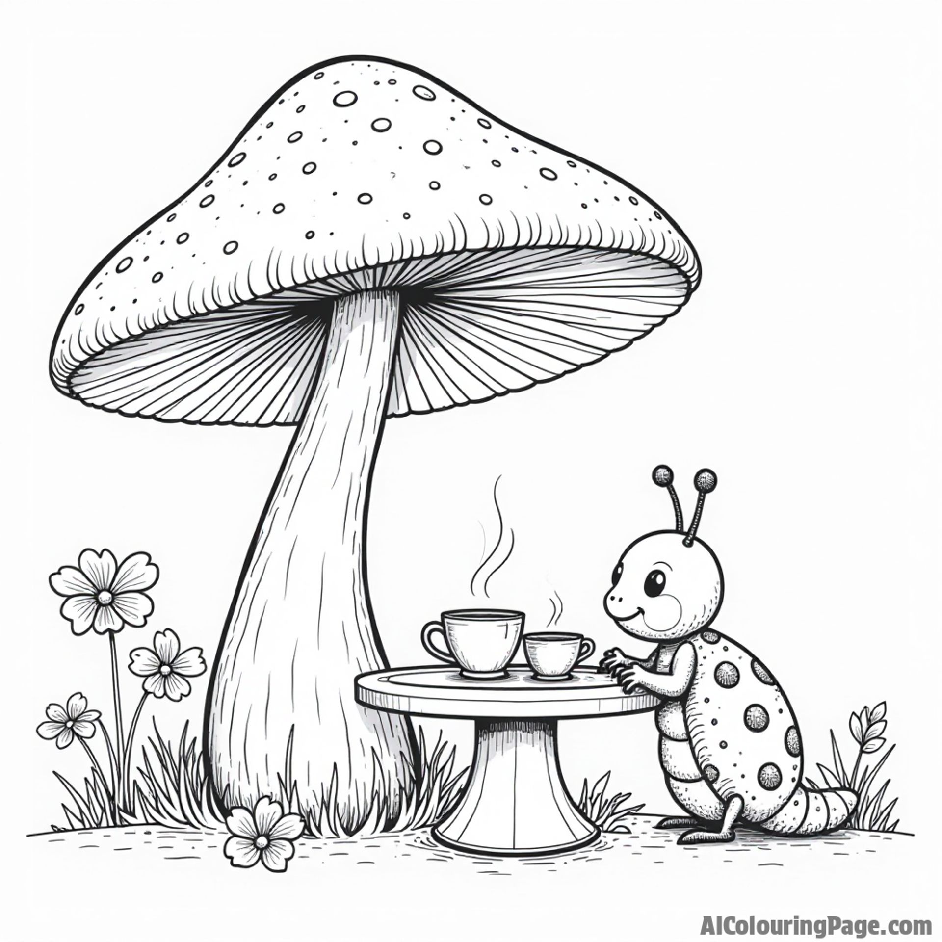 A ladybug and a caterpillar having a tea party under a large mushroom, with tiny cups and a beautiful table.