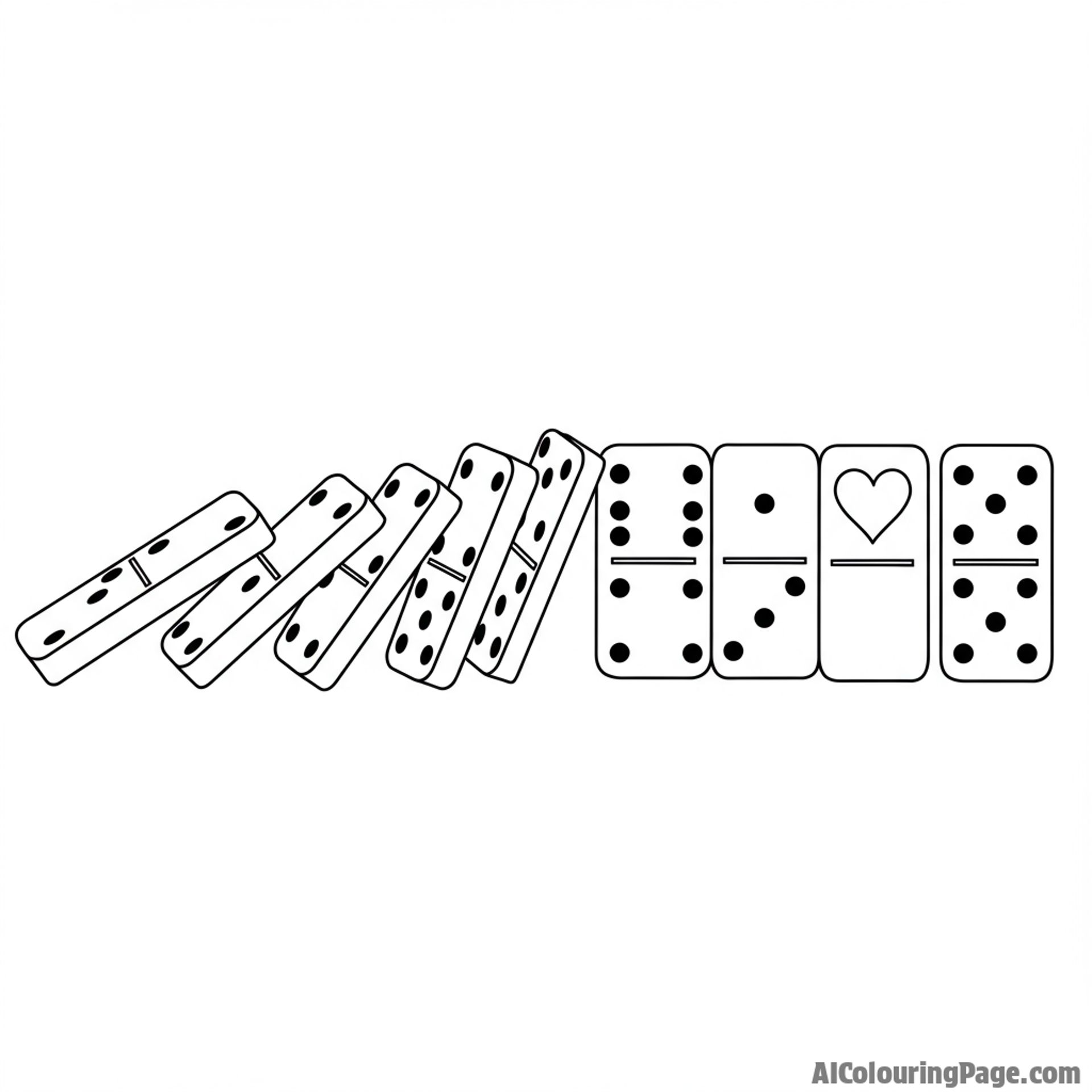 A row of dominoes falling, ending with a heart standing upright.