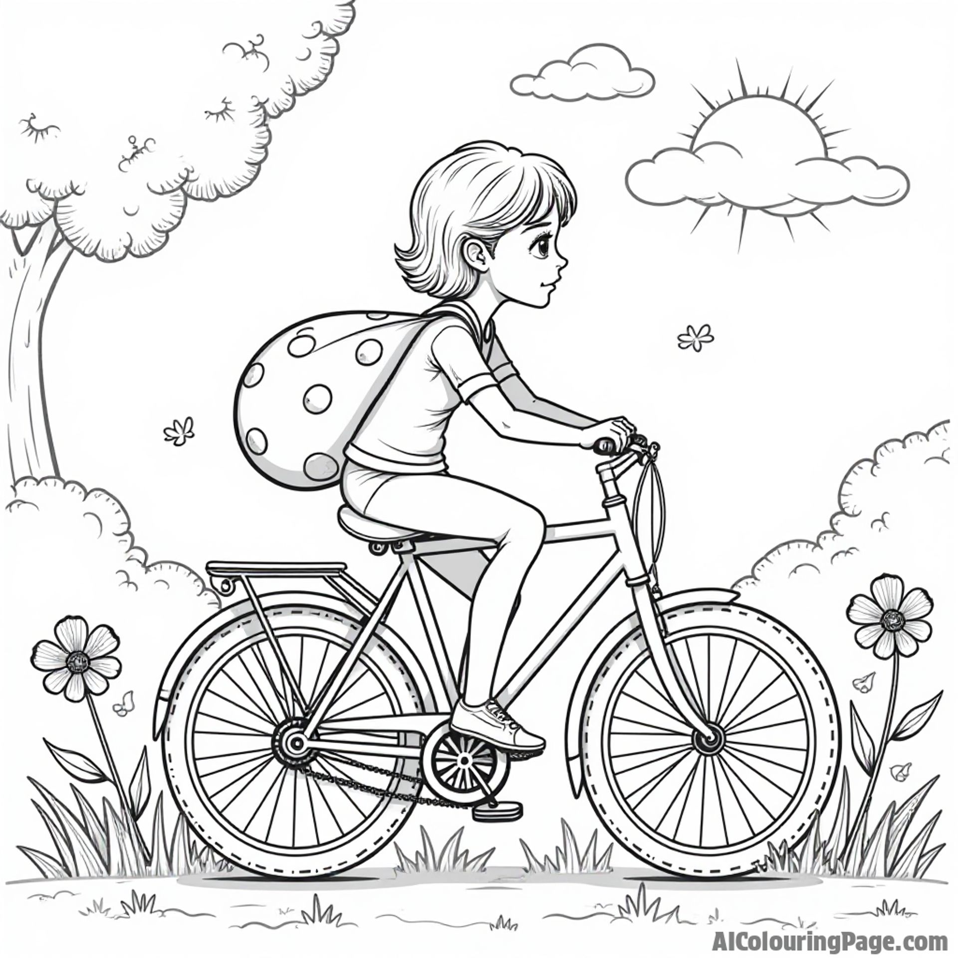 A ladybug sitting on a bicycle handlebar, riding through a park on a sunny day, surrounded by flowers.