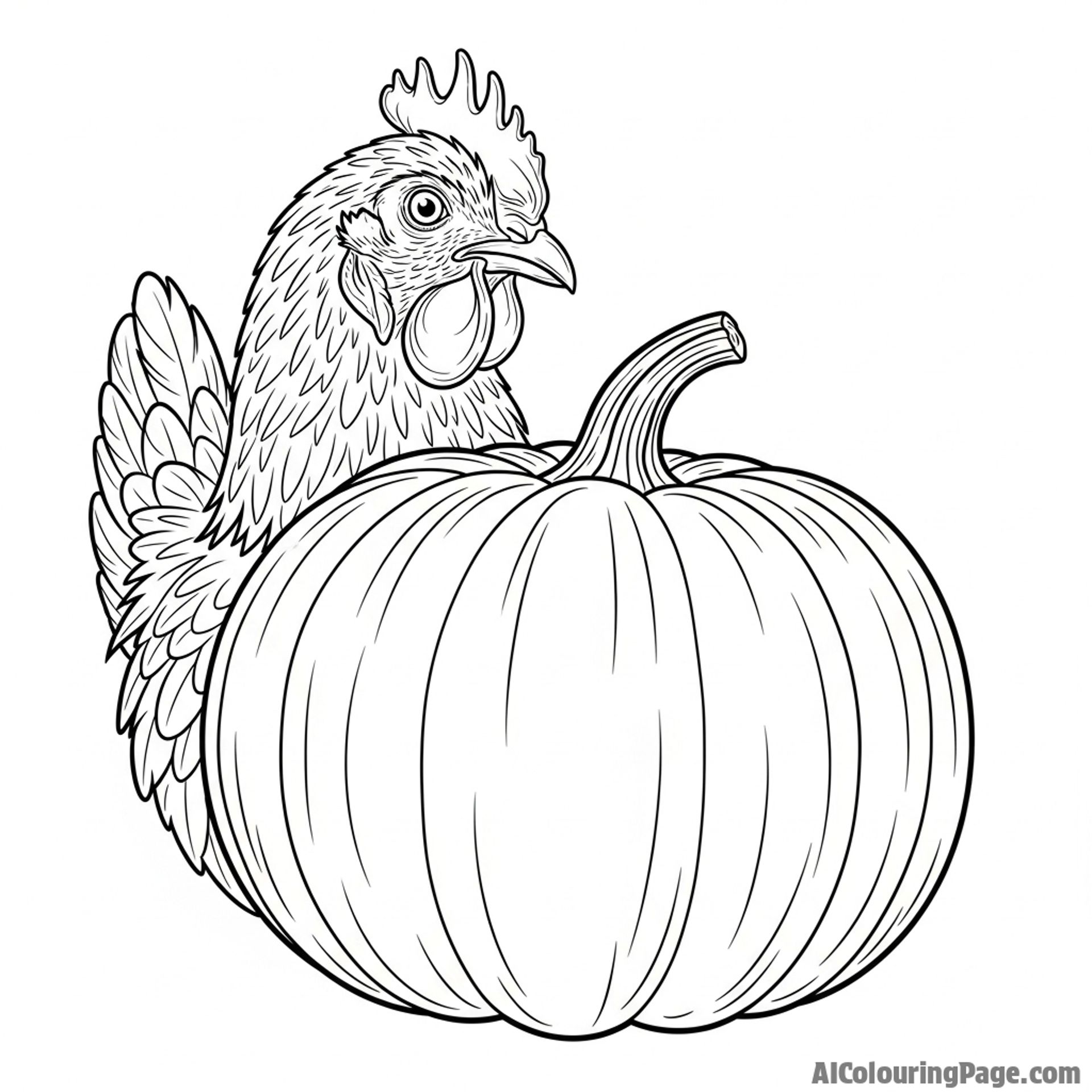A chicken peering out from behind a large pumpkin.