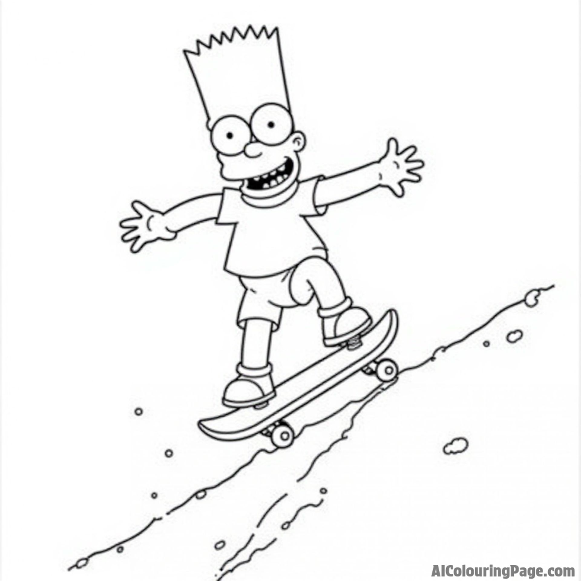 Bart Simpson skateboarding down a steep hill with a mischievous grin and his skateboard flying through the air.