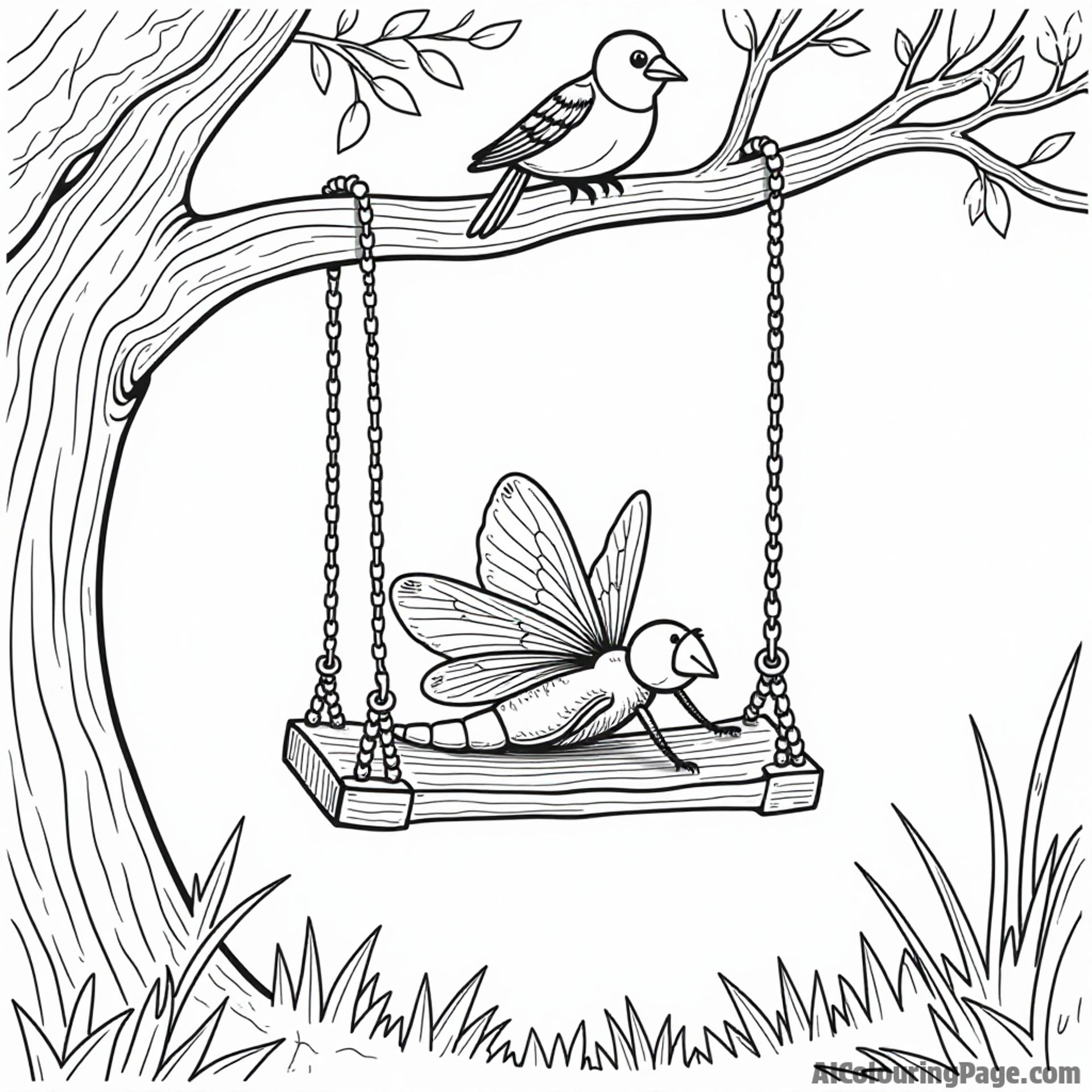 A dragonfly resting on a whimsical swing hanging from a tree branch while birds chirp happily nearby.