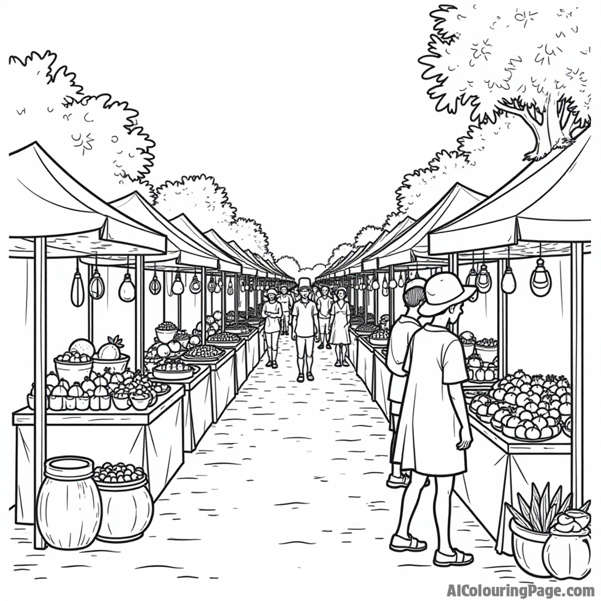 A bustling Kwanzaa marketplace with stalls showcasing arts and crafts, fruits, and traditional foods, inviting children to color a vibrant community scene full of life.