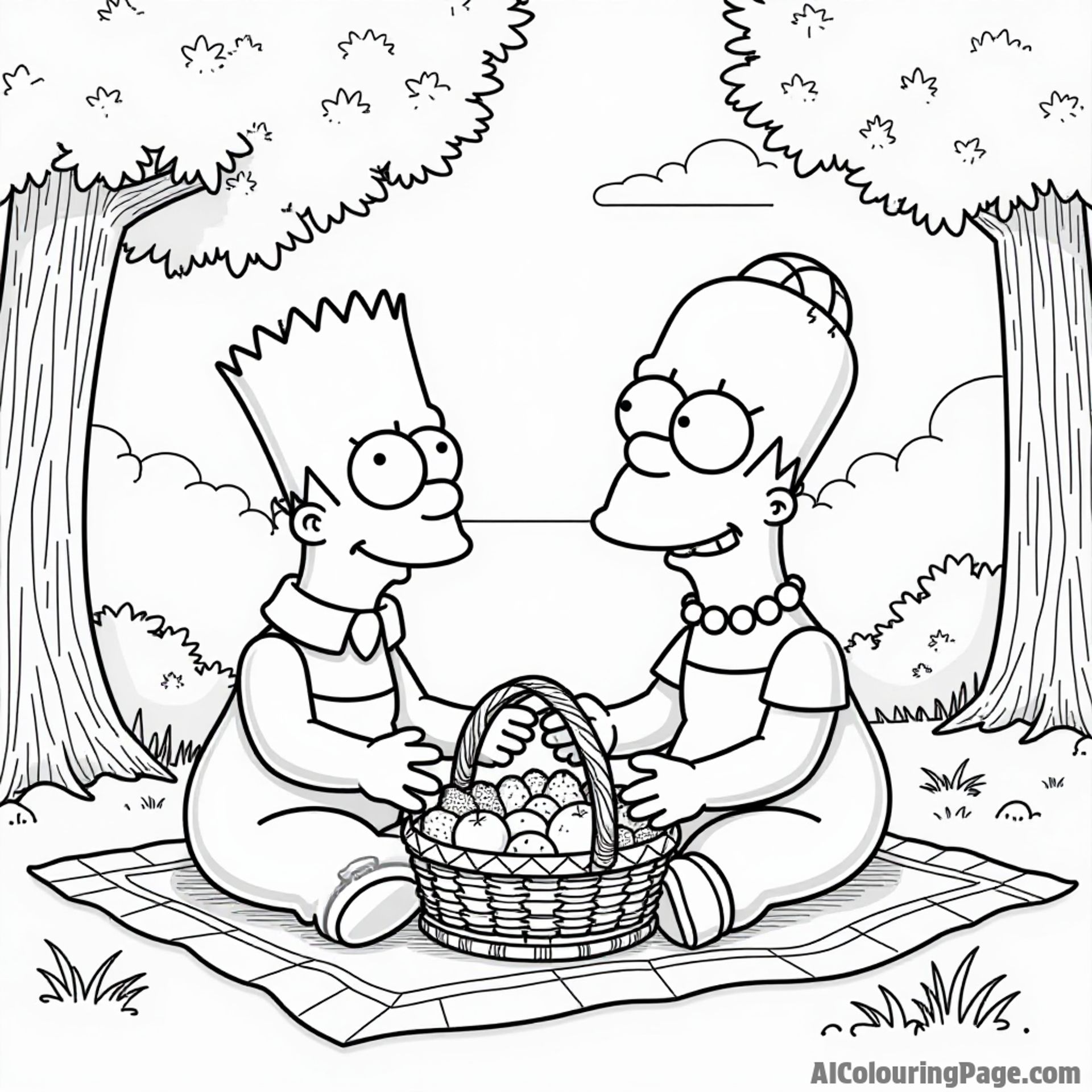 Homer and Marge Simpson enjoying a picnic at the park with a basket of food and a sunny sky above them.
