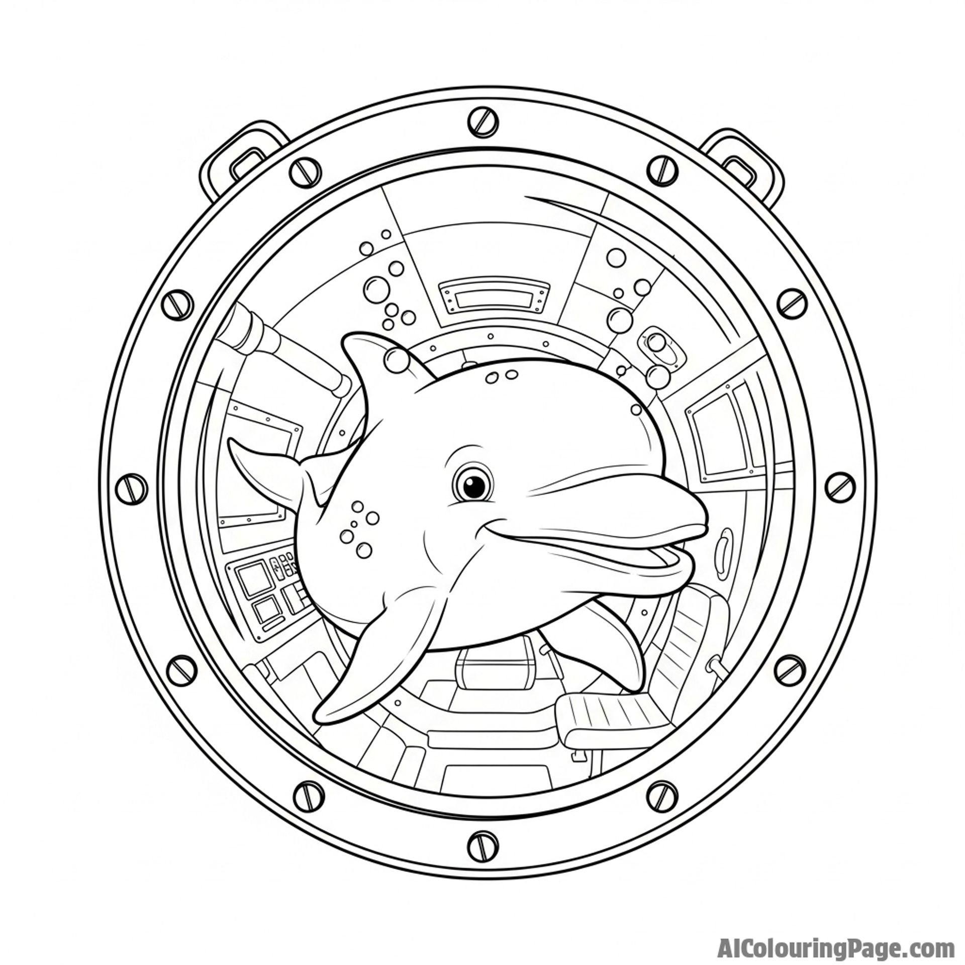 A dolphin observed through the thick glass porthole of a deep-sea submersible.