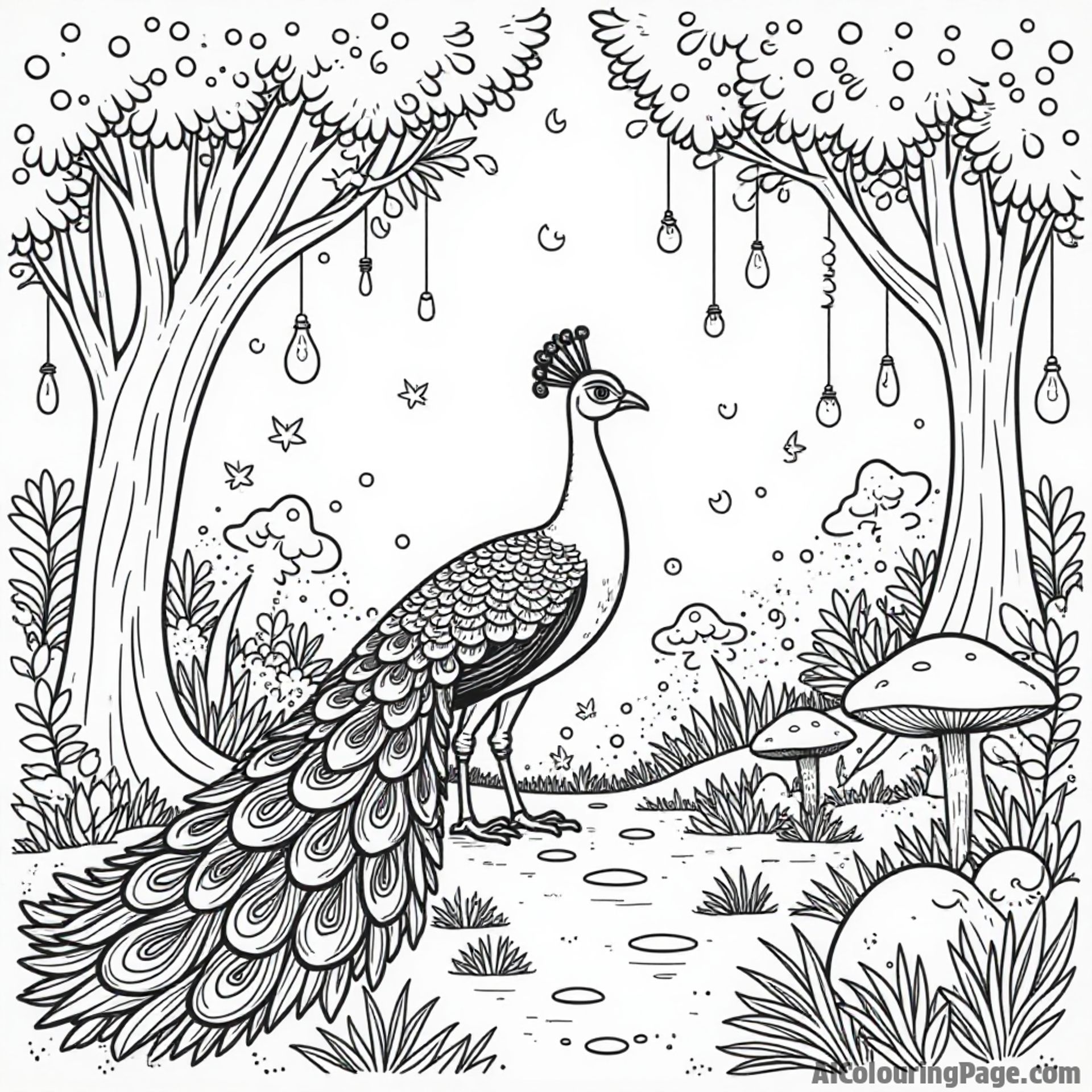 A peacock exploring a magical forest filled with twinkling lights, mushrooms, and friendly woodland creatures all around