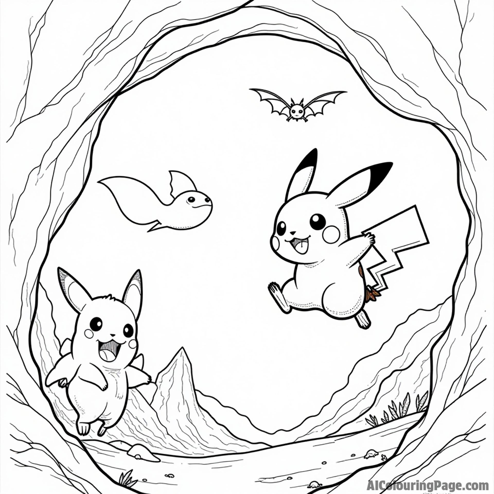 Pikachu and a friendly Zubat flying through a cave with glowing crystals and bats