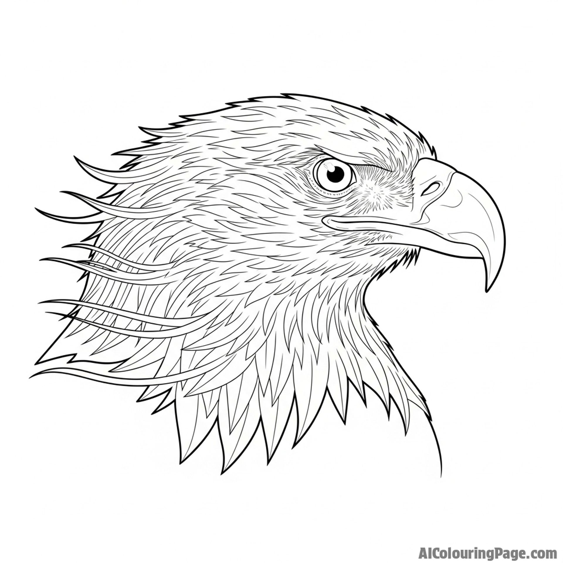 Eagle profile with wind blowing through its feathers.