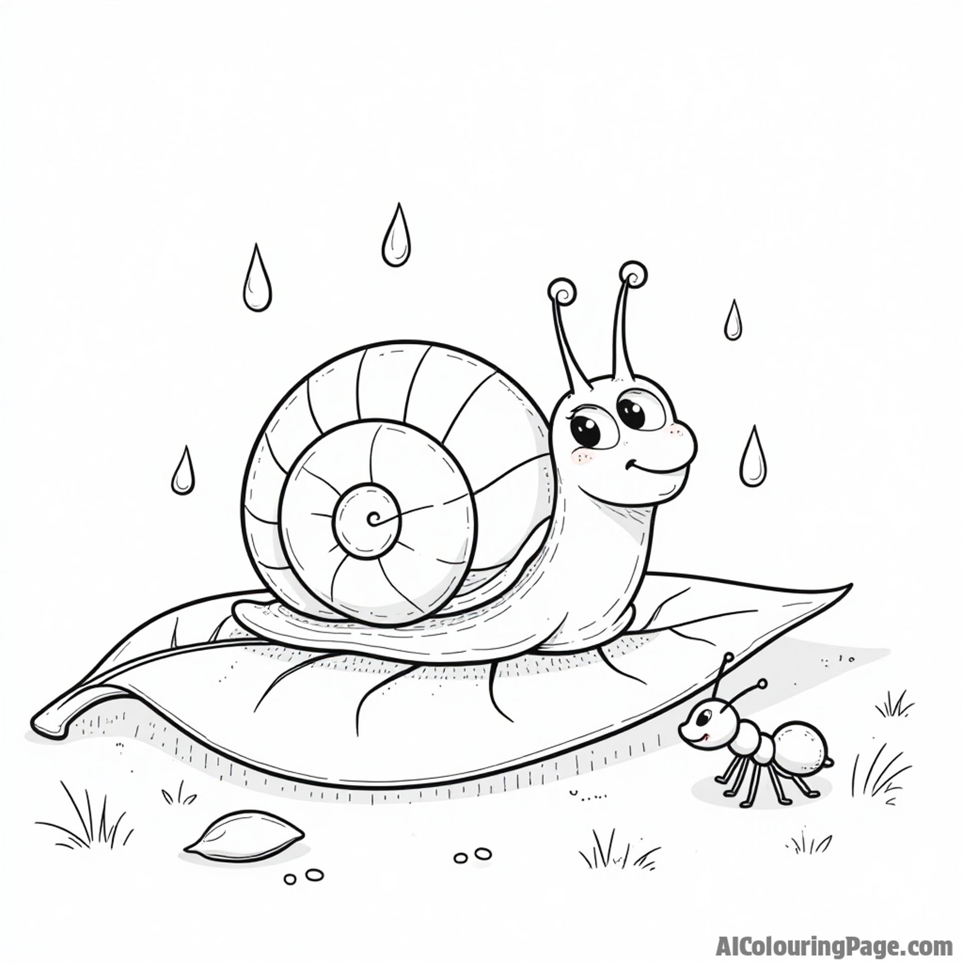 A playful snail resting on a leaf, with raindrops falling around and a curious ant exploring nearby for kids to color.
