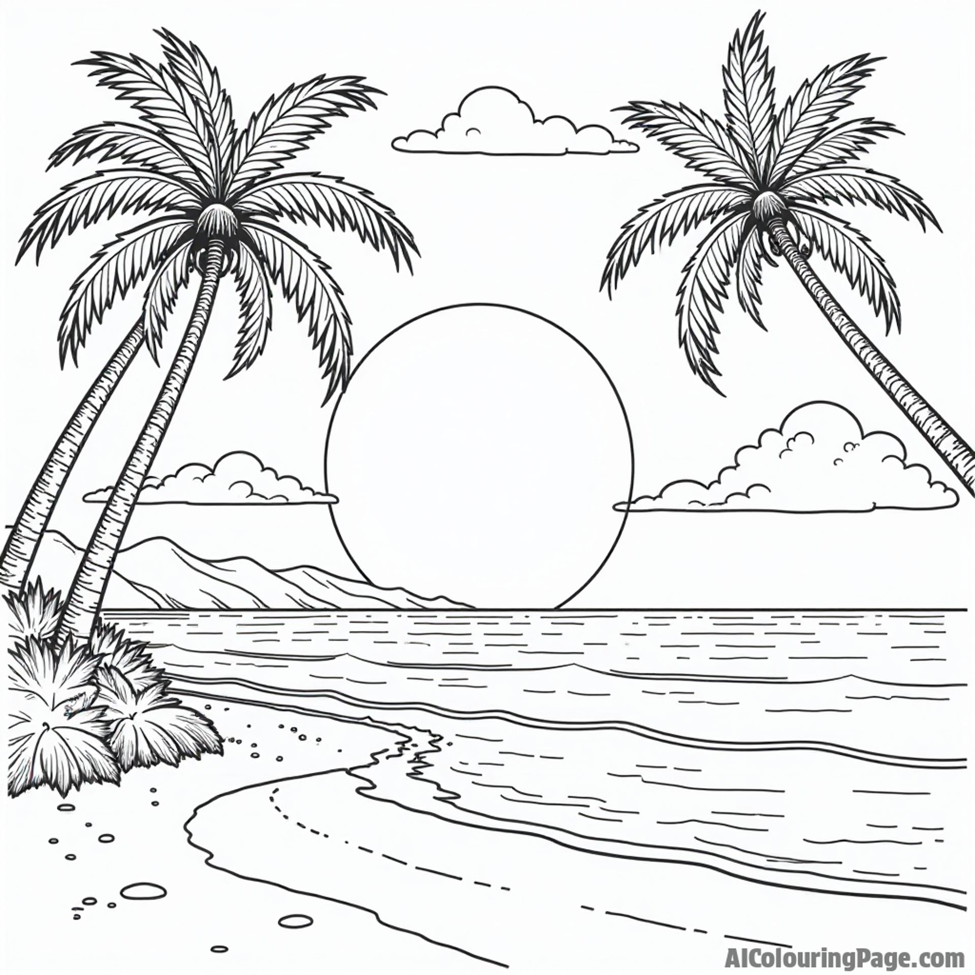 A serene sunset over a Hawaiian beach, featuring silhouettes of palm trees and gentle waves, inviting imaginative coloring adventures.