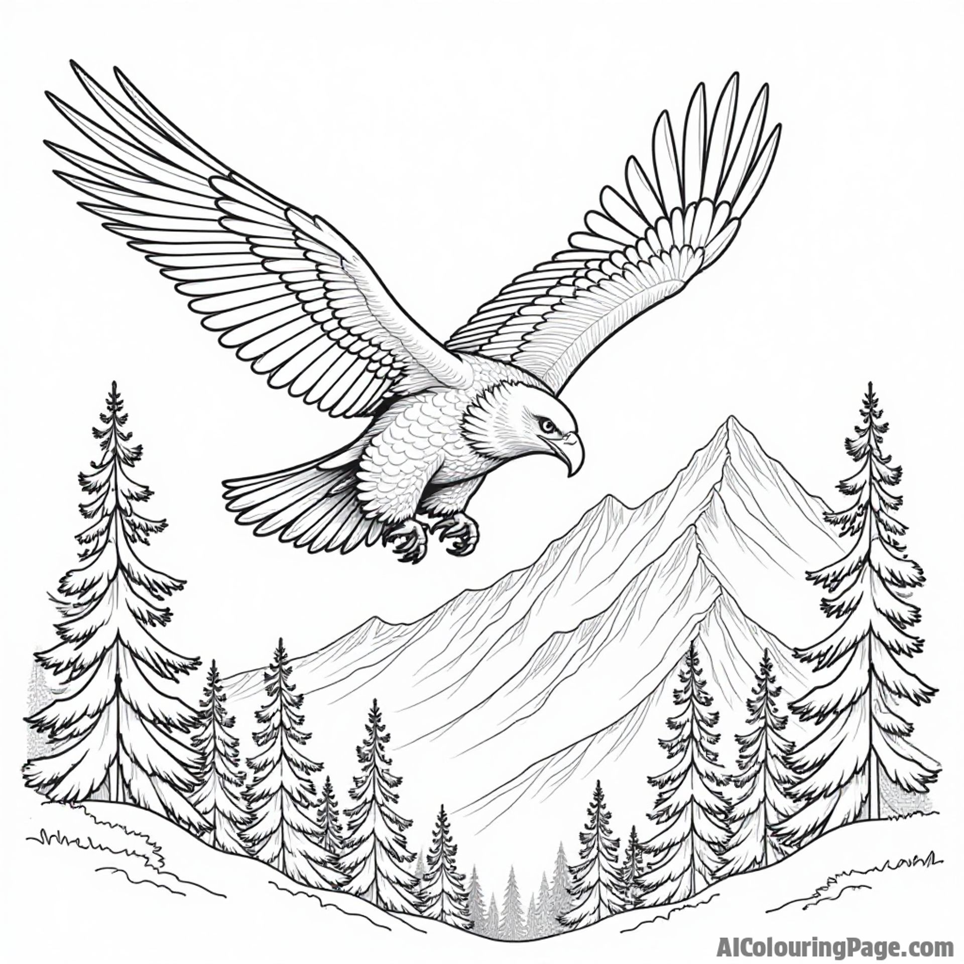 A majestic bald eagle soaring above snow-capped mountains, with a pine tree in the foreground, representing Alaska's wildlife and scenery.