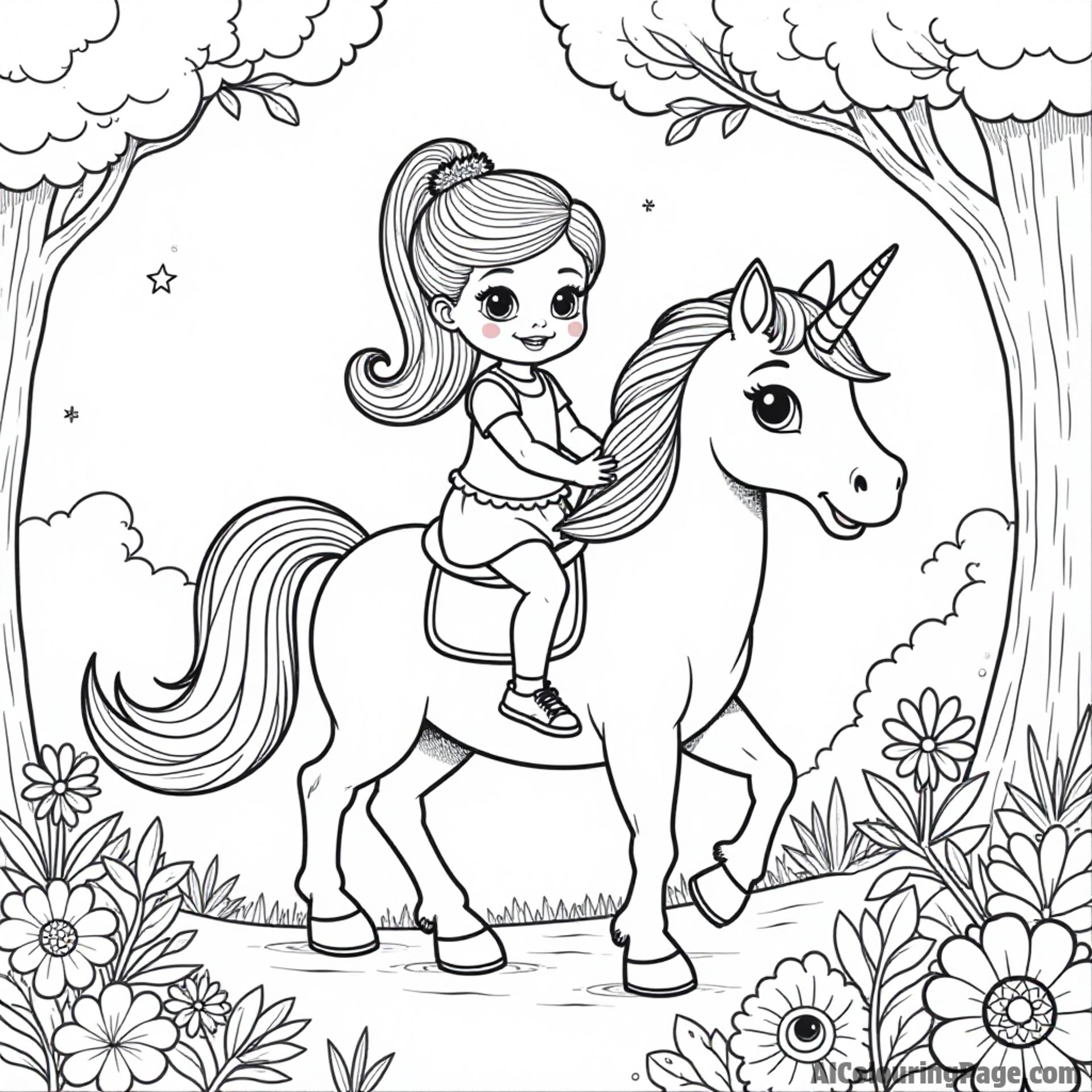A playful doll riding a friendly unicorn through a magical forest filled with whimsical flowers and smiling creatures.