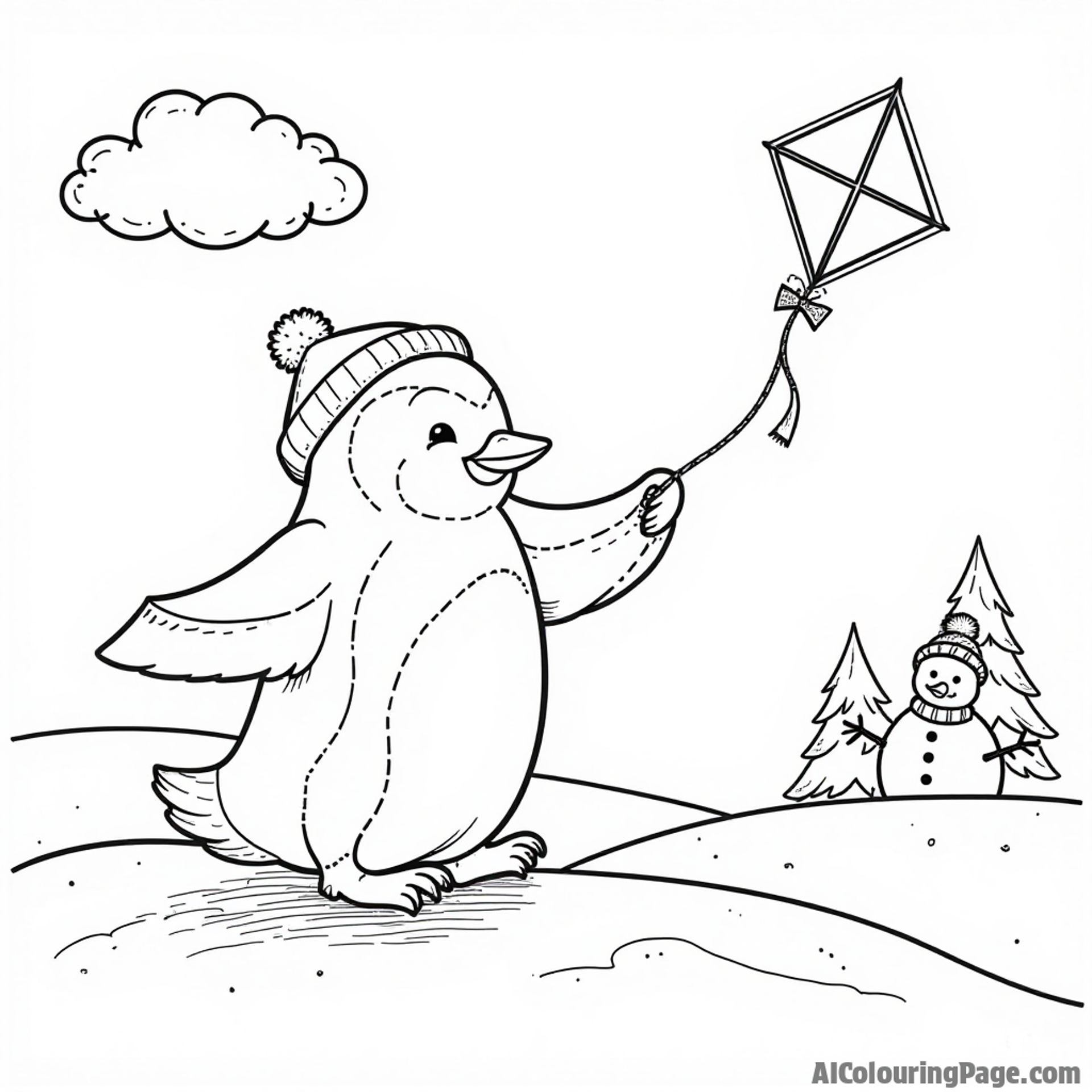 A penguin flying a colorful kite on a snowy hill with a cheerful snowman and fluffy clouds above.