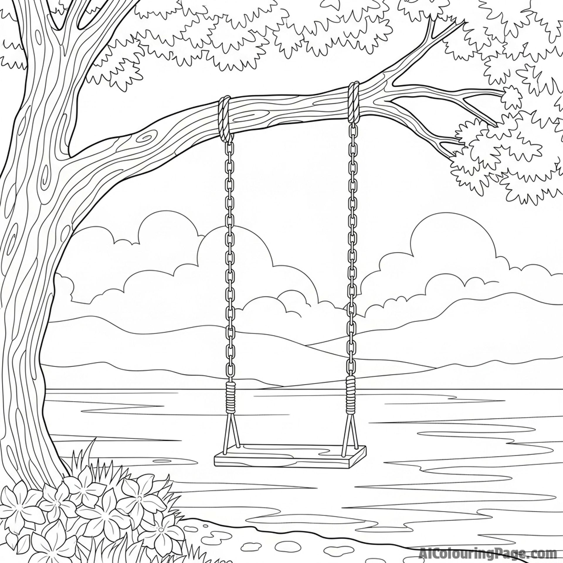 A swing hanging from a sturdy branch, overlooking the water.
