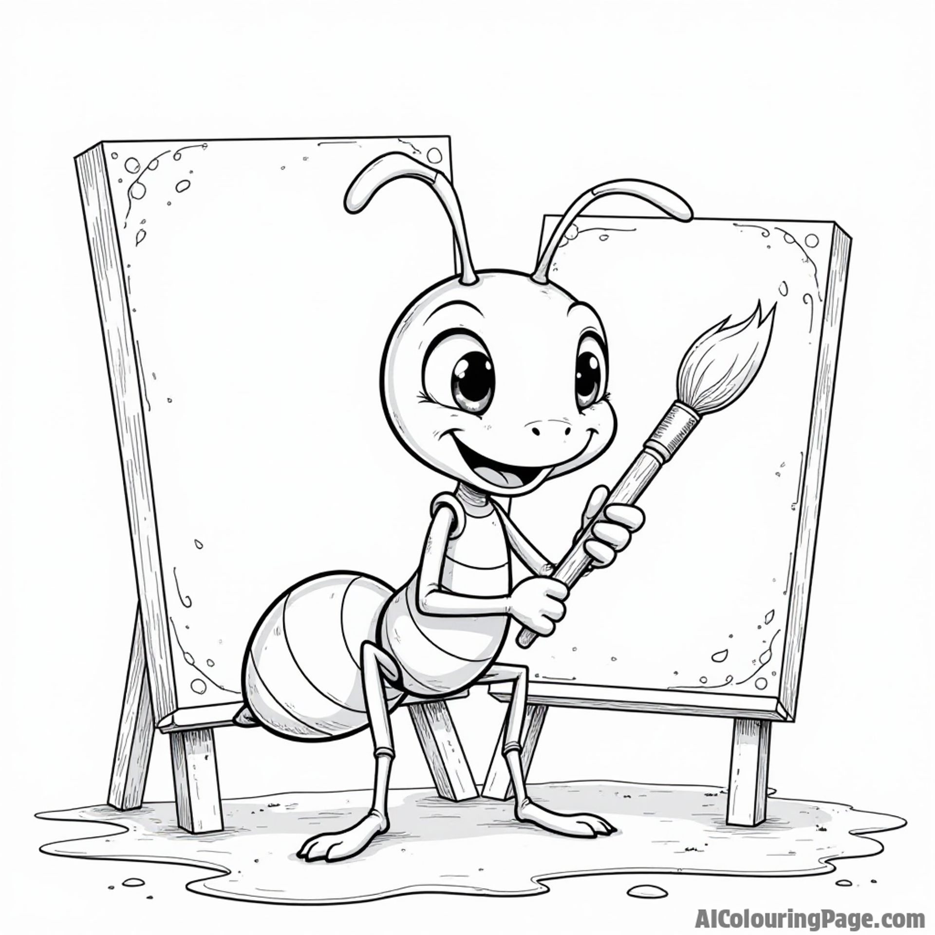 A cheerful ant holding a paintbrush in front of a blank canvas, surrounded by paint splatters for creative coloring.