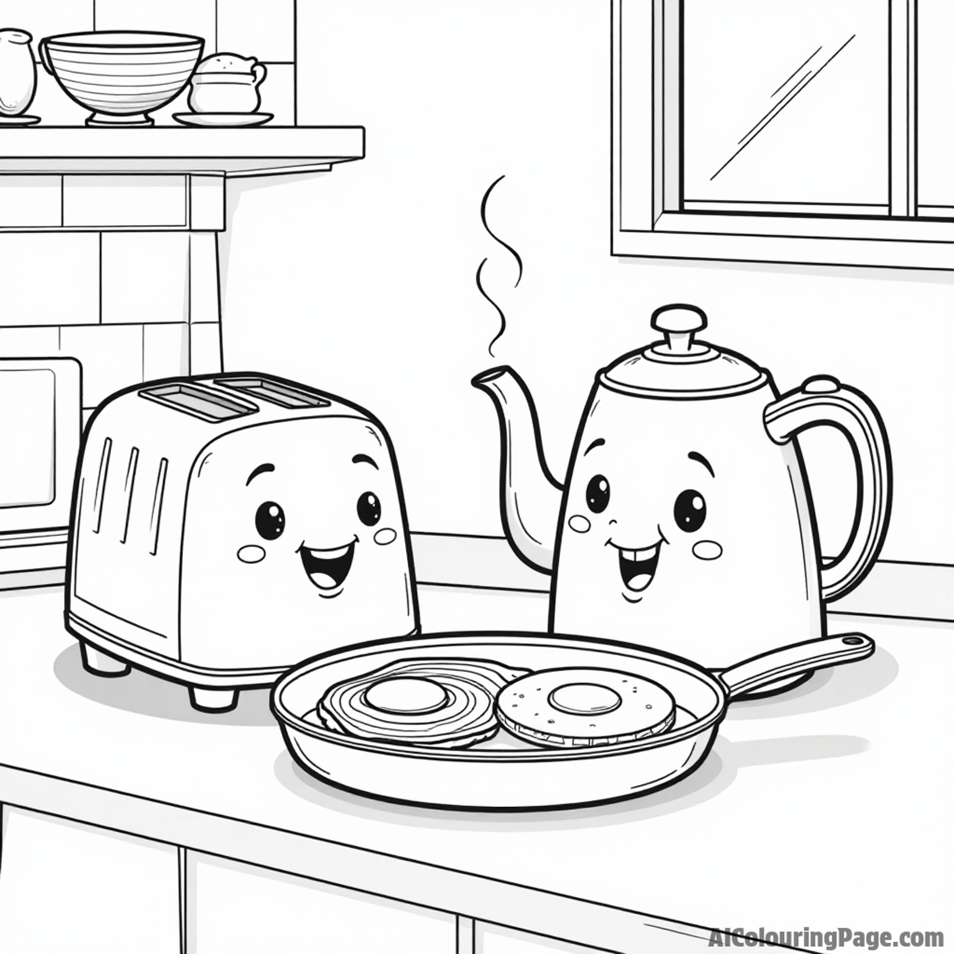 A cozy kitchen scene with a happy toaster, a playful kettle, and a cheerful frying pan cooking breakfast together.