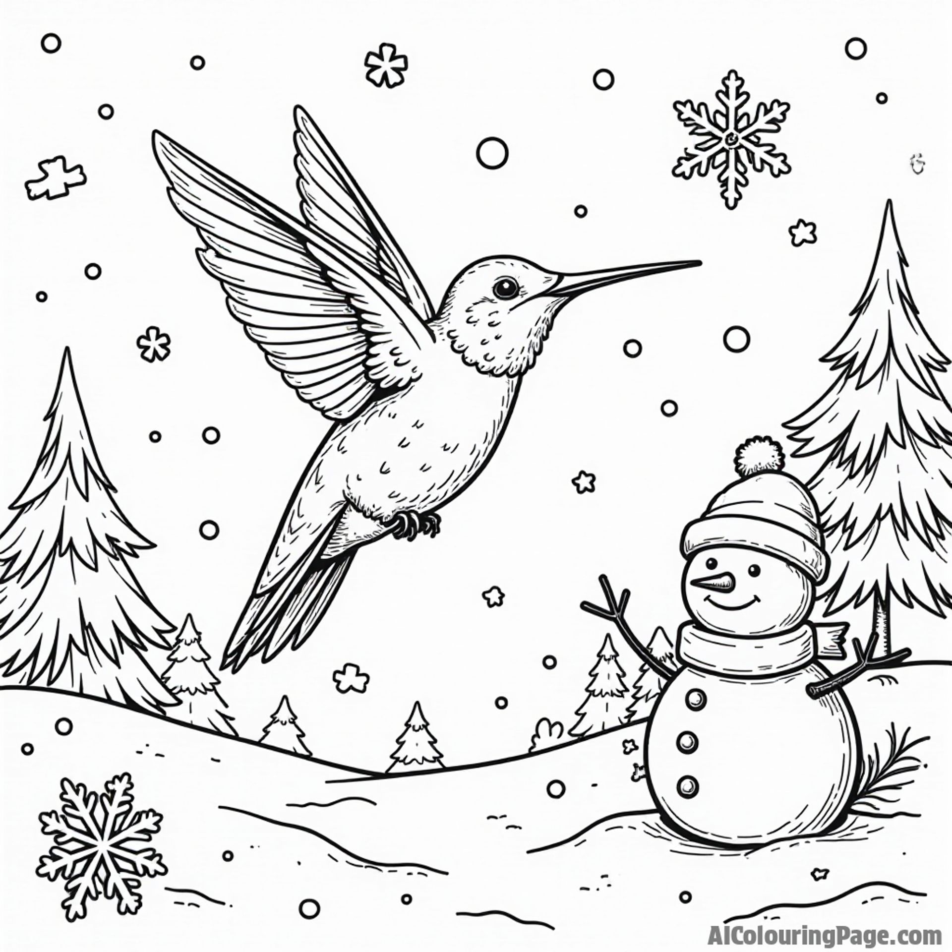 A hummingbird flying through a winter wonderland scene with snowflakes and playful snowmen.