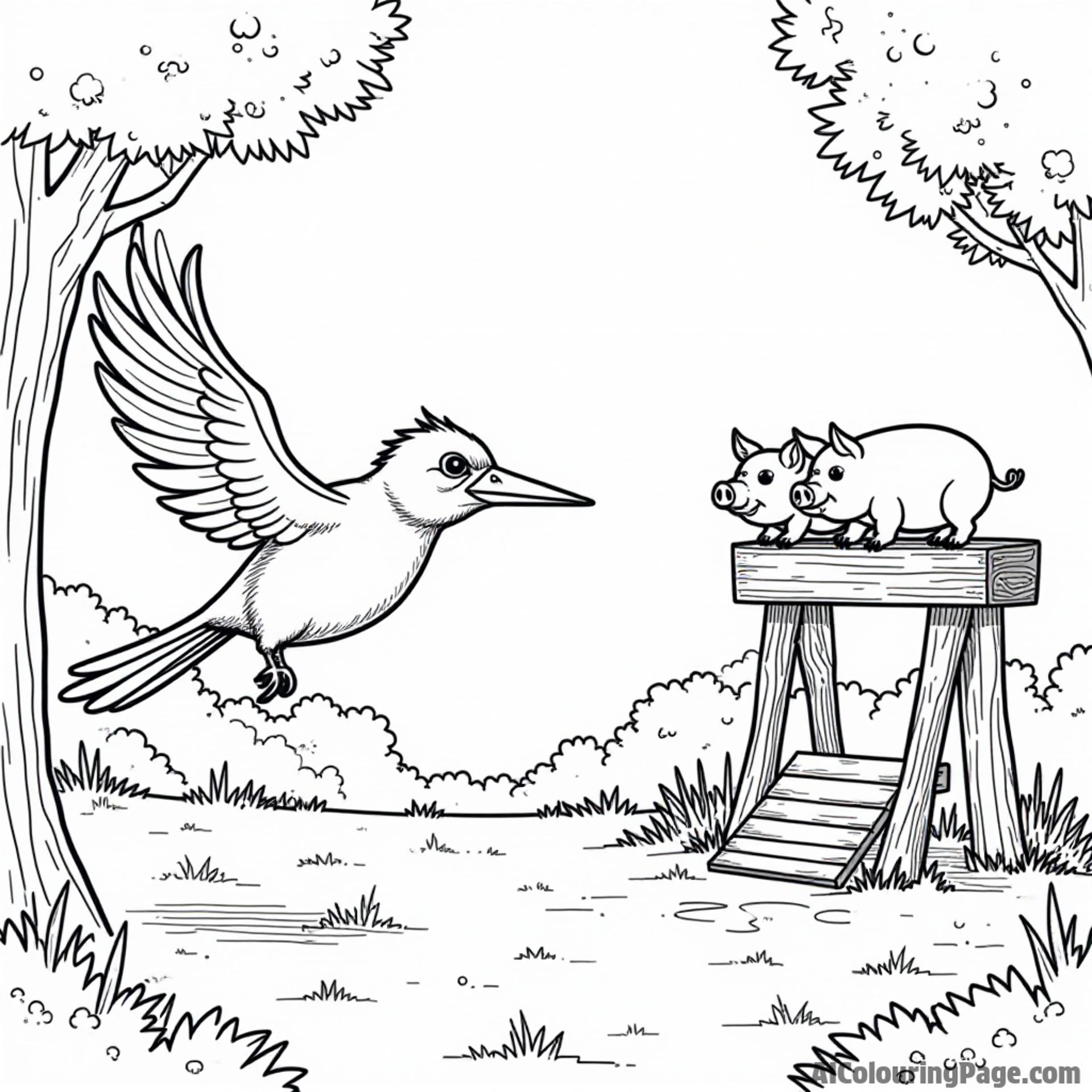 A large bird launching from a slingshot aiming at a wooden structure with pigs perched on top in a forest clearing