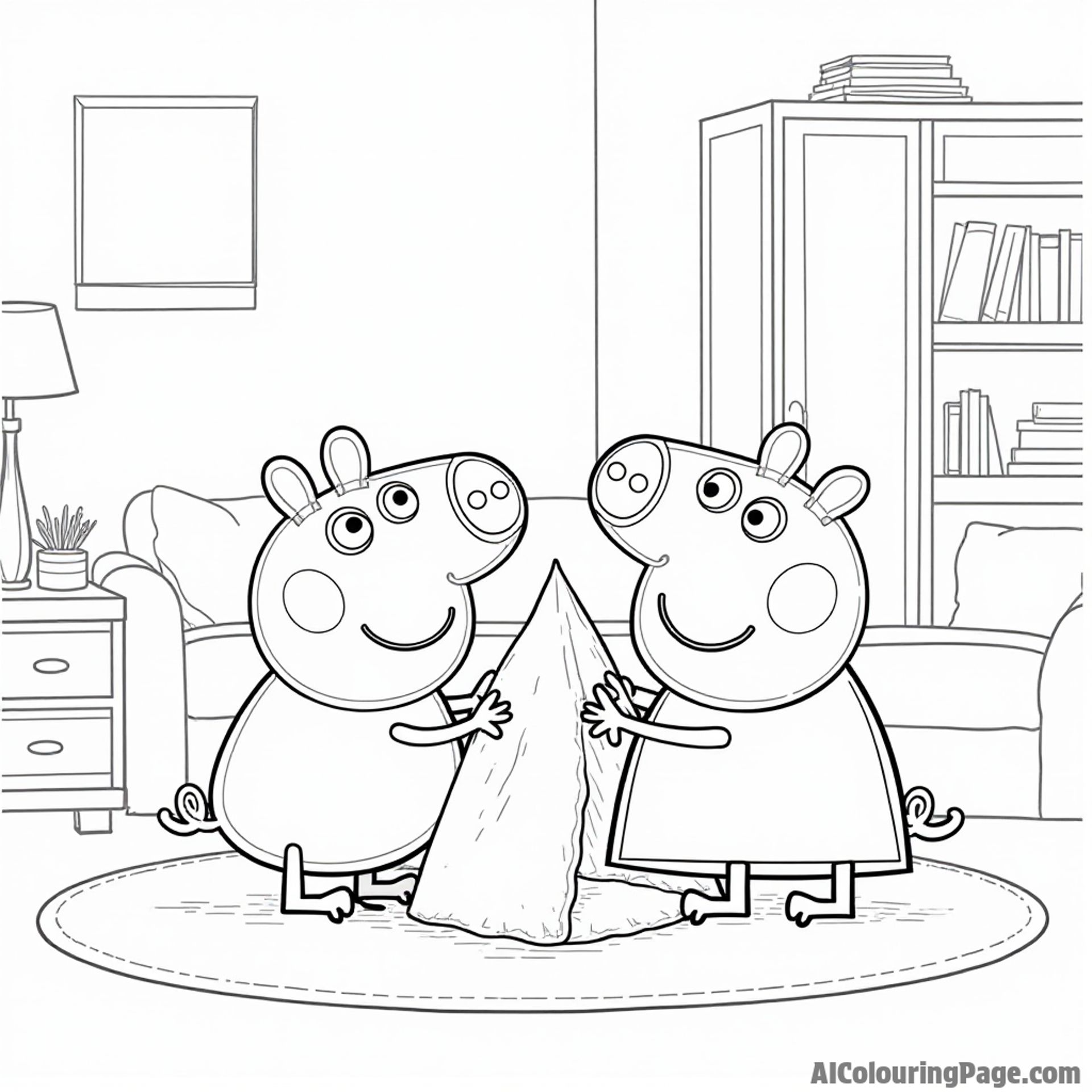 Peppa Pig and George Pig building a fort out of pillows and blankets in their living room, having fun together.