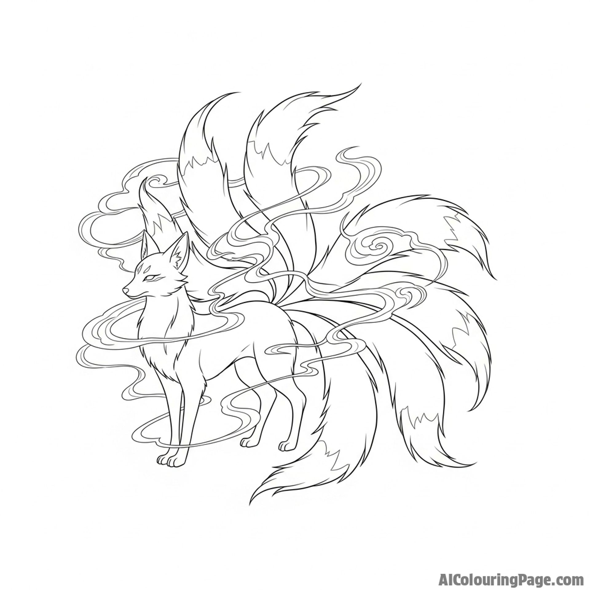 A mythical kitsune with nine flowing tails, surrounded by ethereal wisps.
