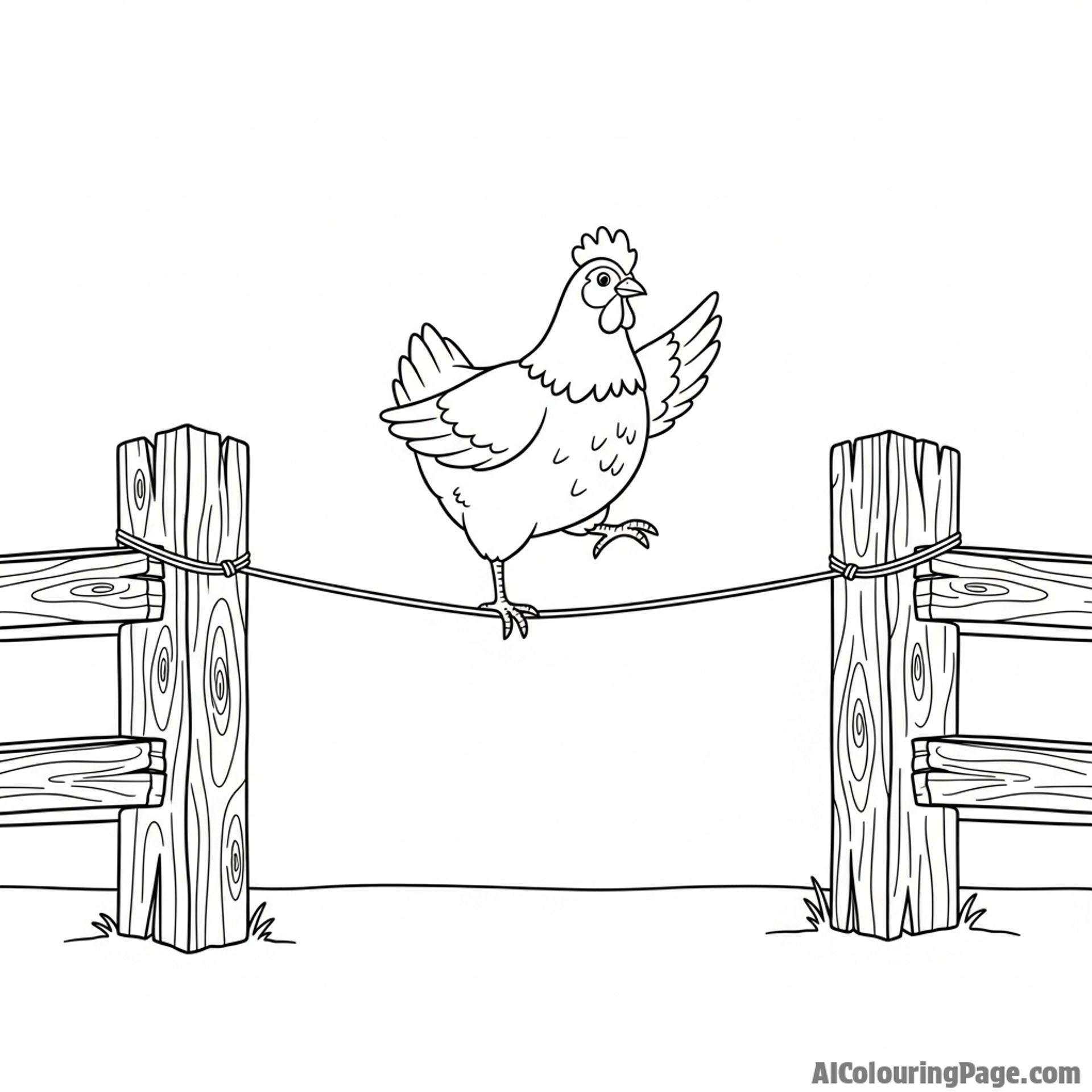 A chicken balancing on a tightrope between two fence posts.