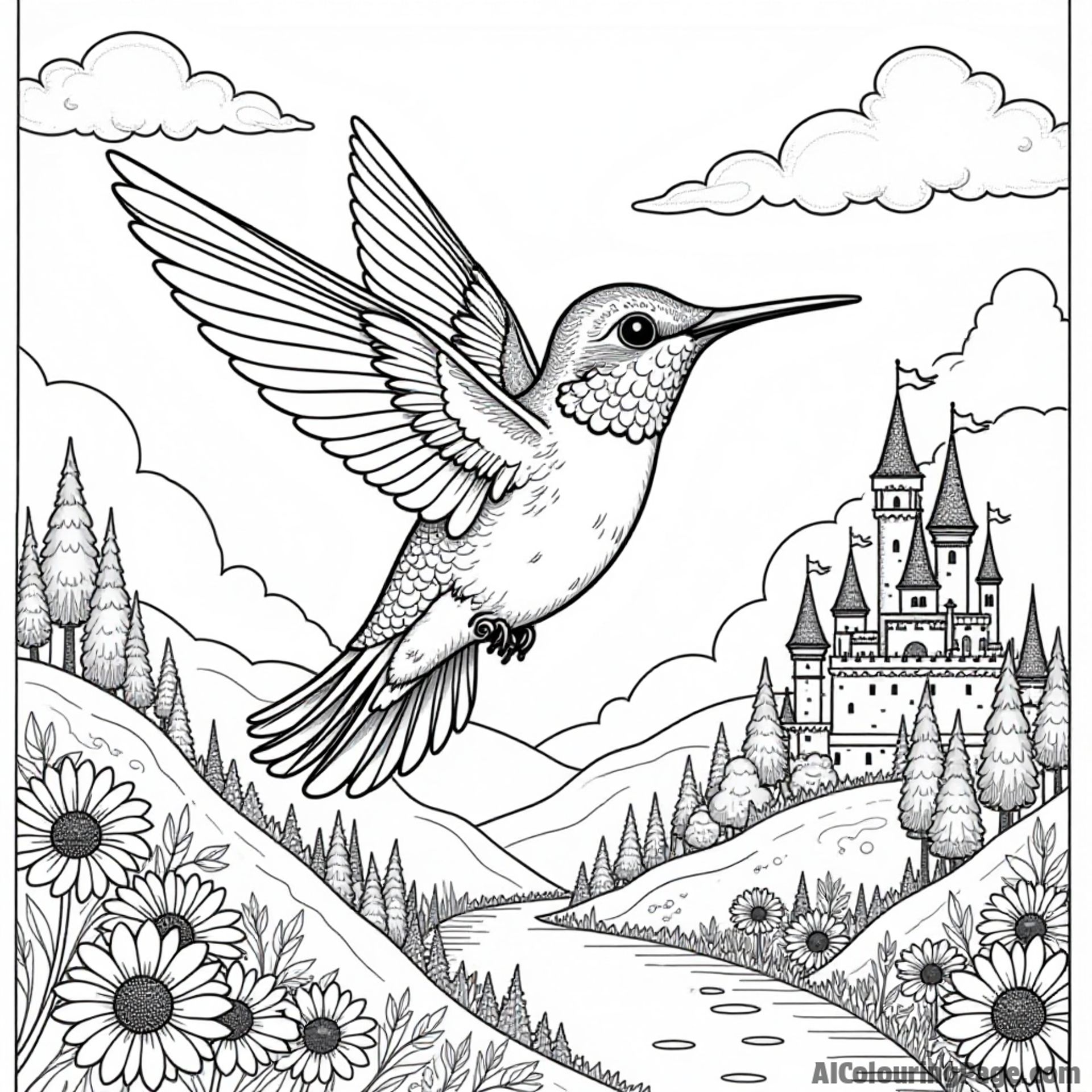 A whimsical hummingbird flying through a fairytale landscape filled with castles and colorful clouds.