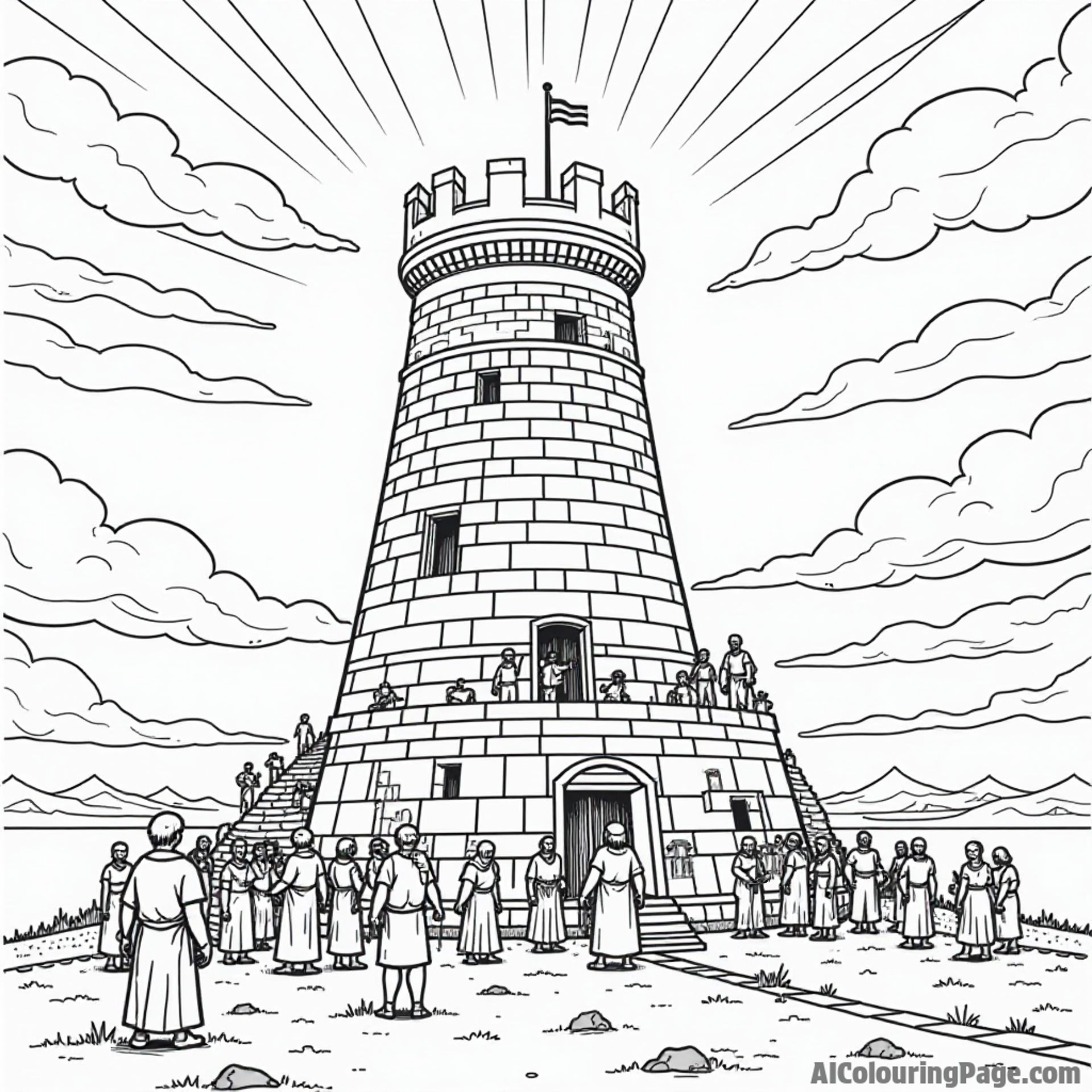 An illustrated scene of the Tower of Babel being built, with people working together, and a bright sky above.