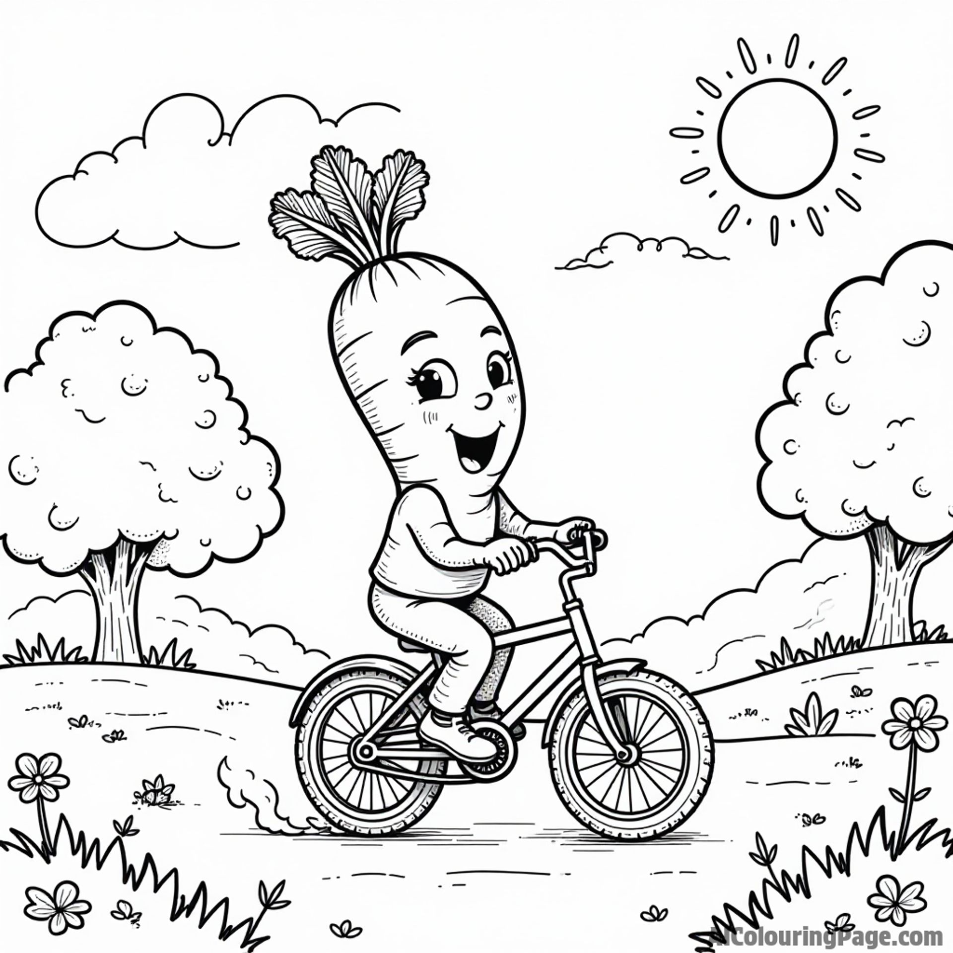 A cheerful carrot riding a bicycle through a park with friends, with trees, flowers, and a bright sun shining down.