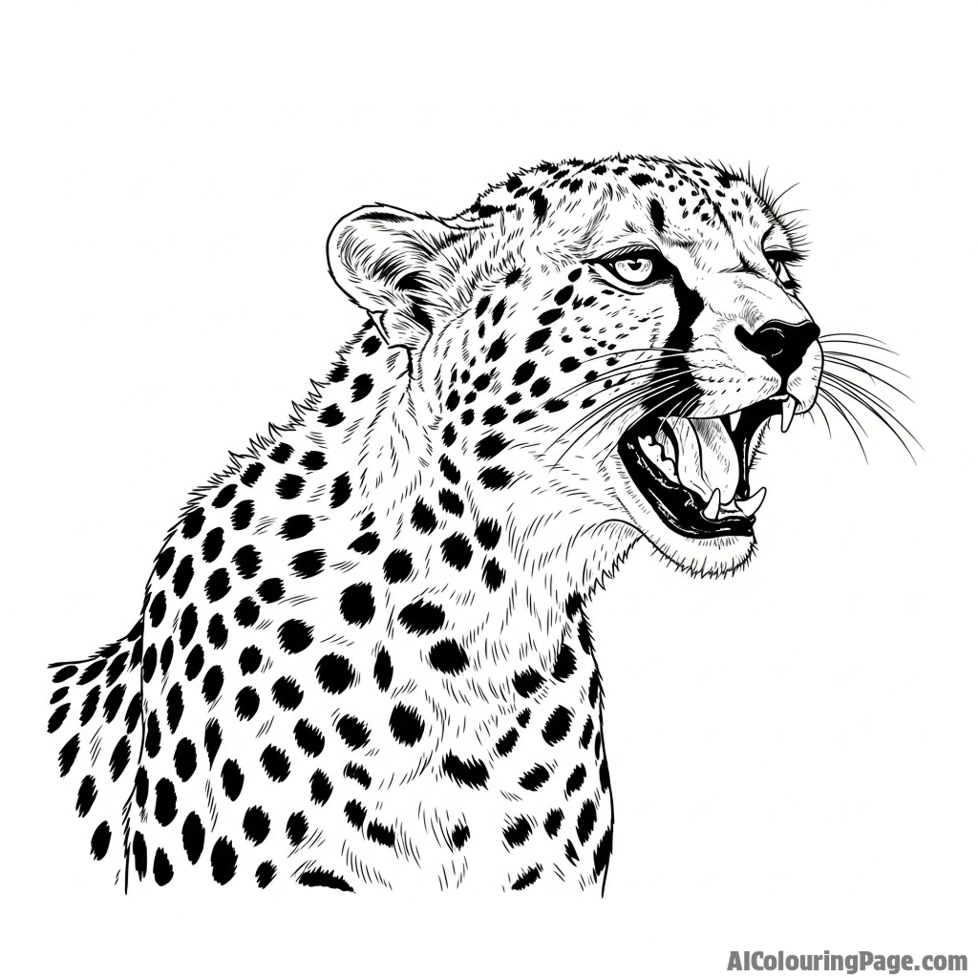 A cheetah vocalizing, its mouth open mid-chirp or mid-hiss.