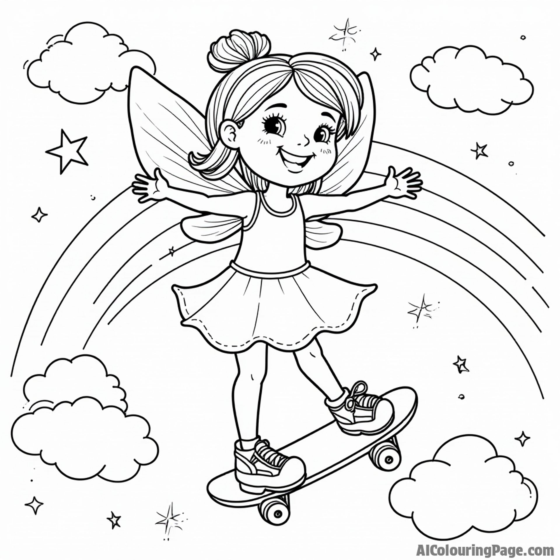A charming fairy skateboarding across a rainbow, with clouds and sparkles around, designed to delight children and inspire their creativity in a fun coloring page.