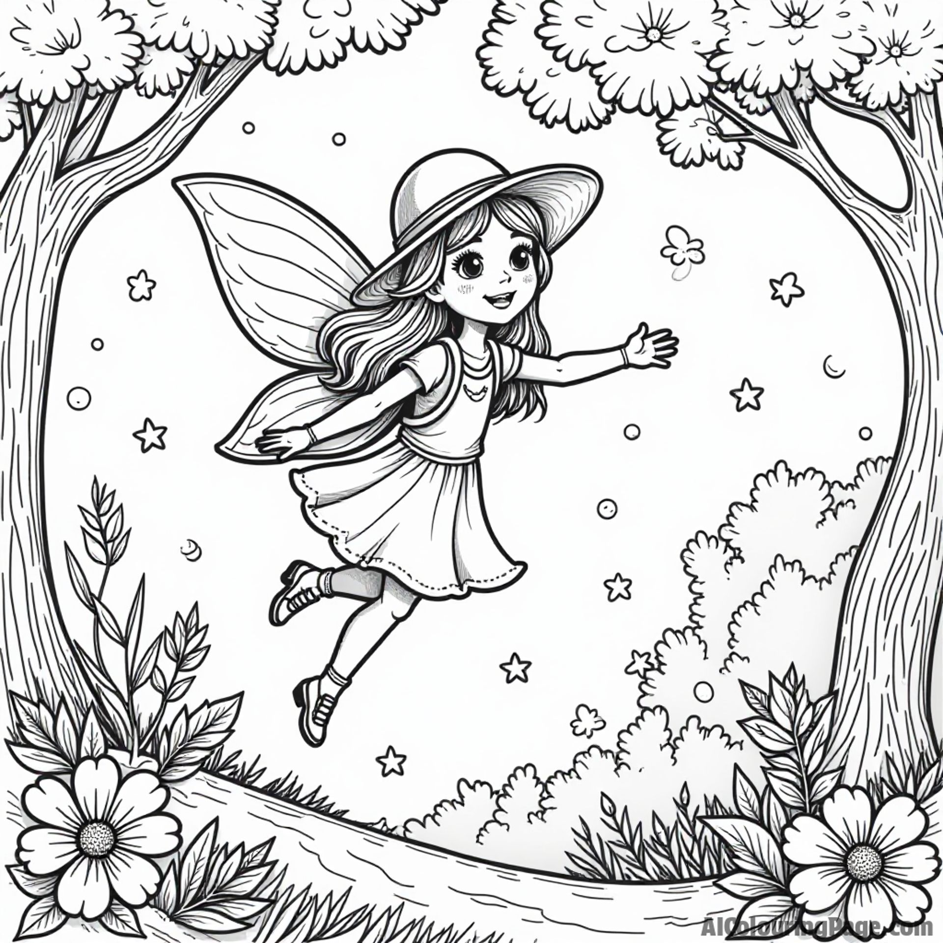 A whimsical fairy wearing an explorer hat, flying over a magical forest, with sparkling flowers and friendly woodland creatures for an enchanting coloring page about exploration.
