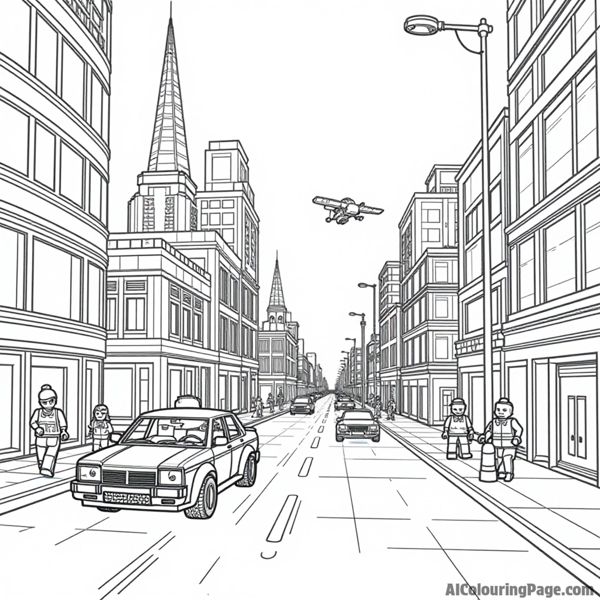A LEGO futuristic city with flying cars, robots walking on the streets, and neon lights illuminating the buildings.