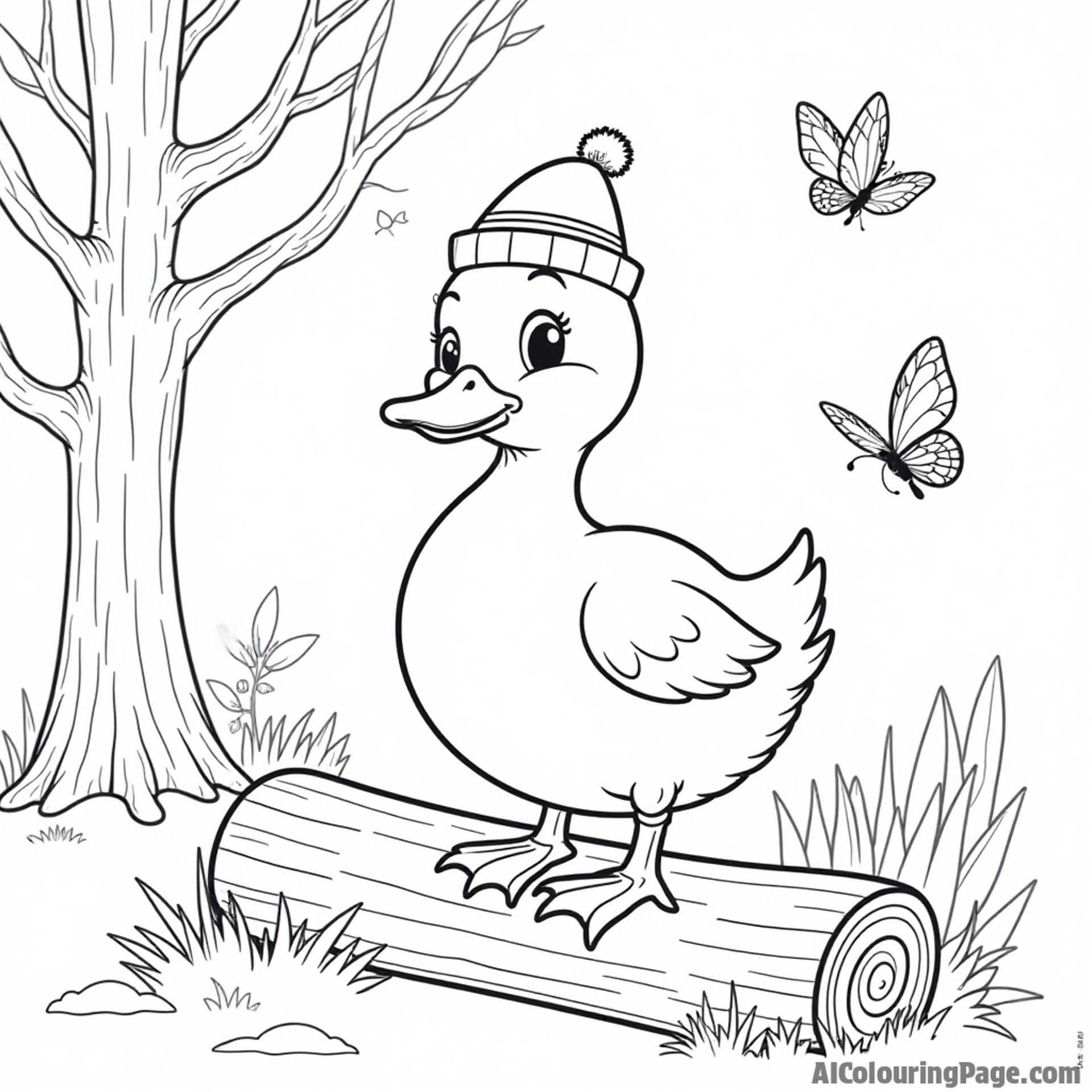 A duck wearing a cute little hat, standing on a log with a tree in the background and butterflies fluttering around.