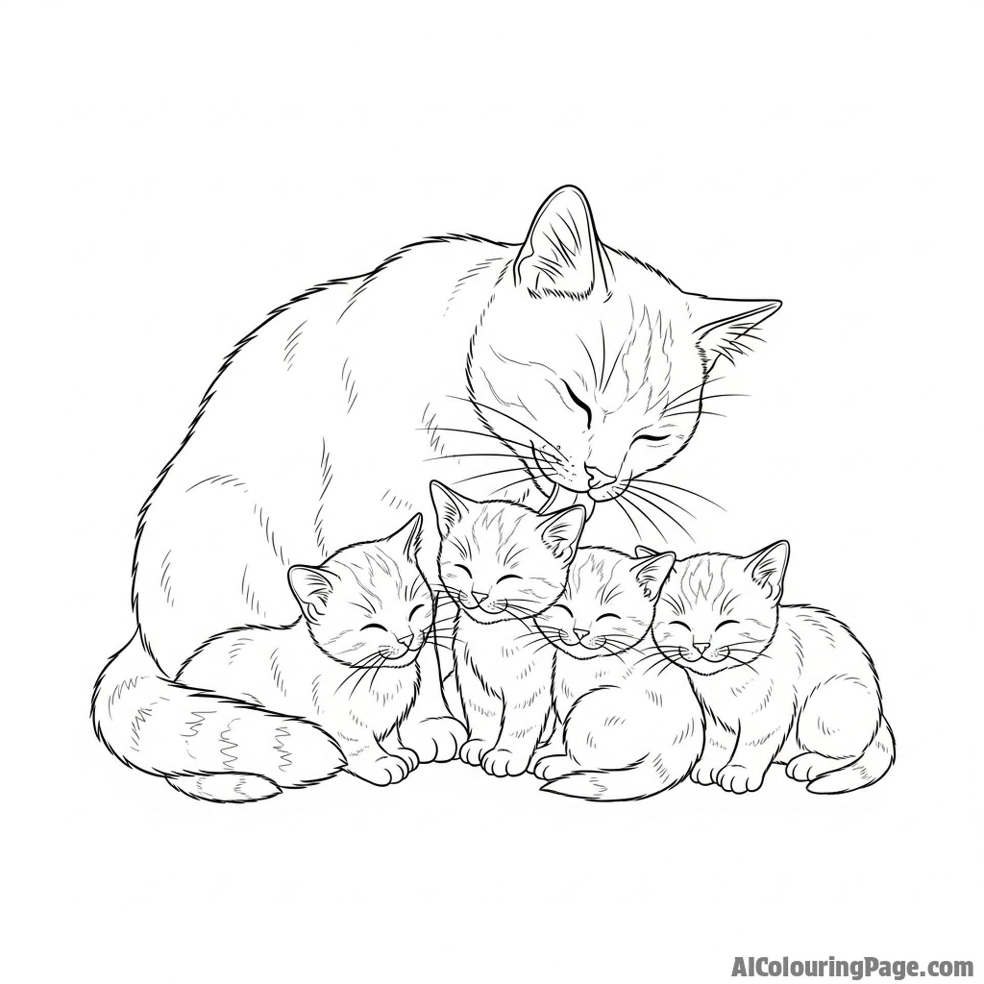A mother cat grooming her litter of tiny kittens.