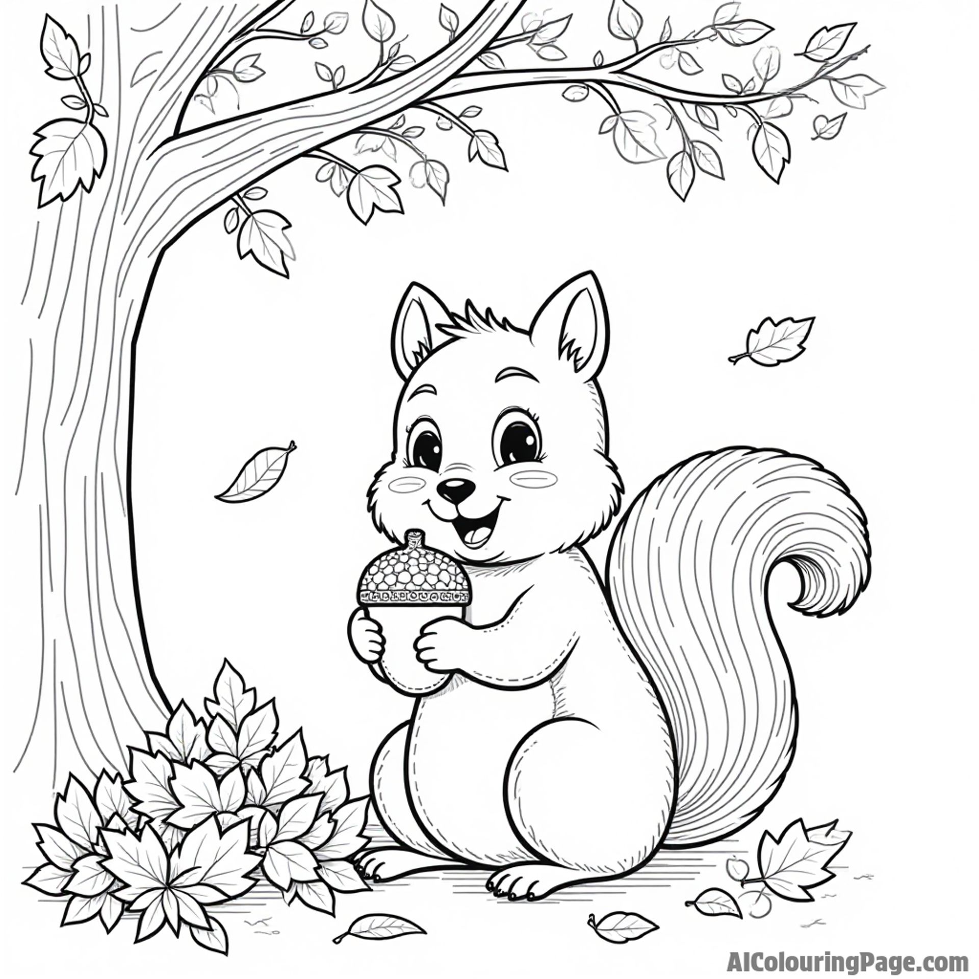 A playful squirrel holding an acorn sitting beneath a tree with falling leaves and a pile of colorful autumn leaves