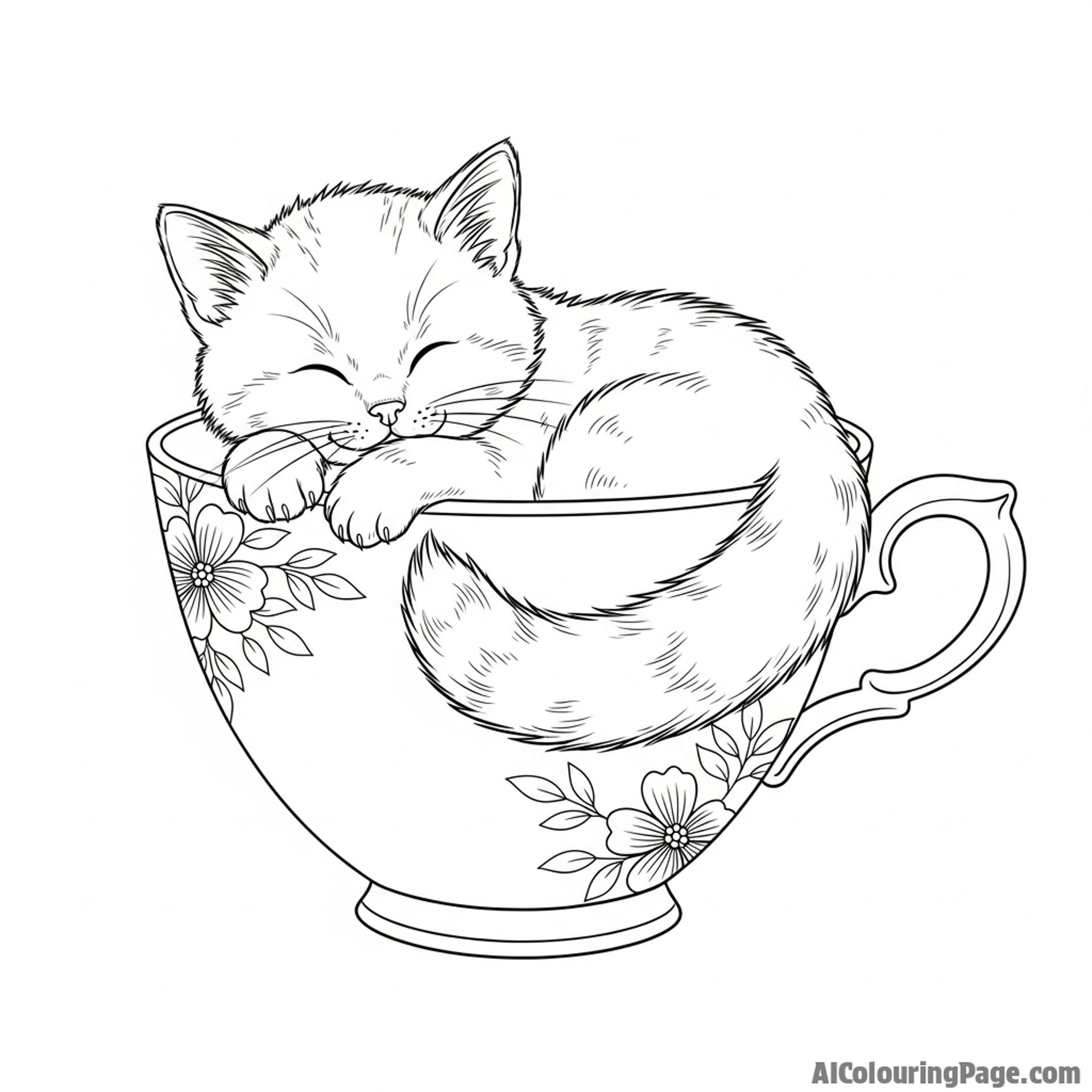 A sleepy kitten curled up in a large teacup.