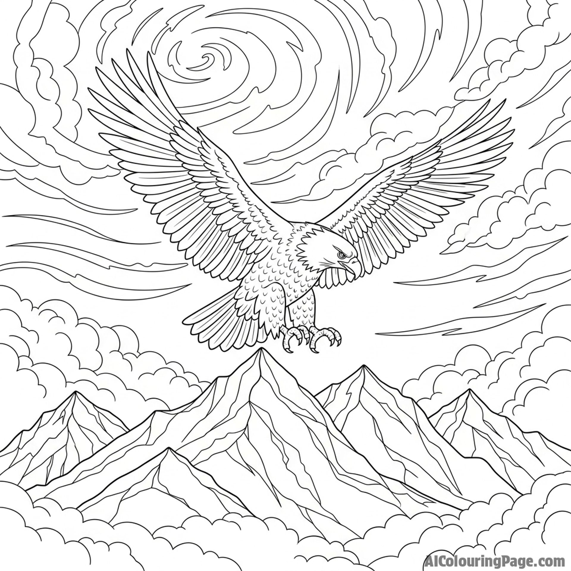 Eagle soaring above mountain peaks, dramatic clouds.
