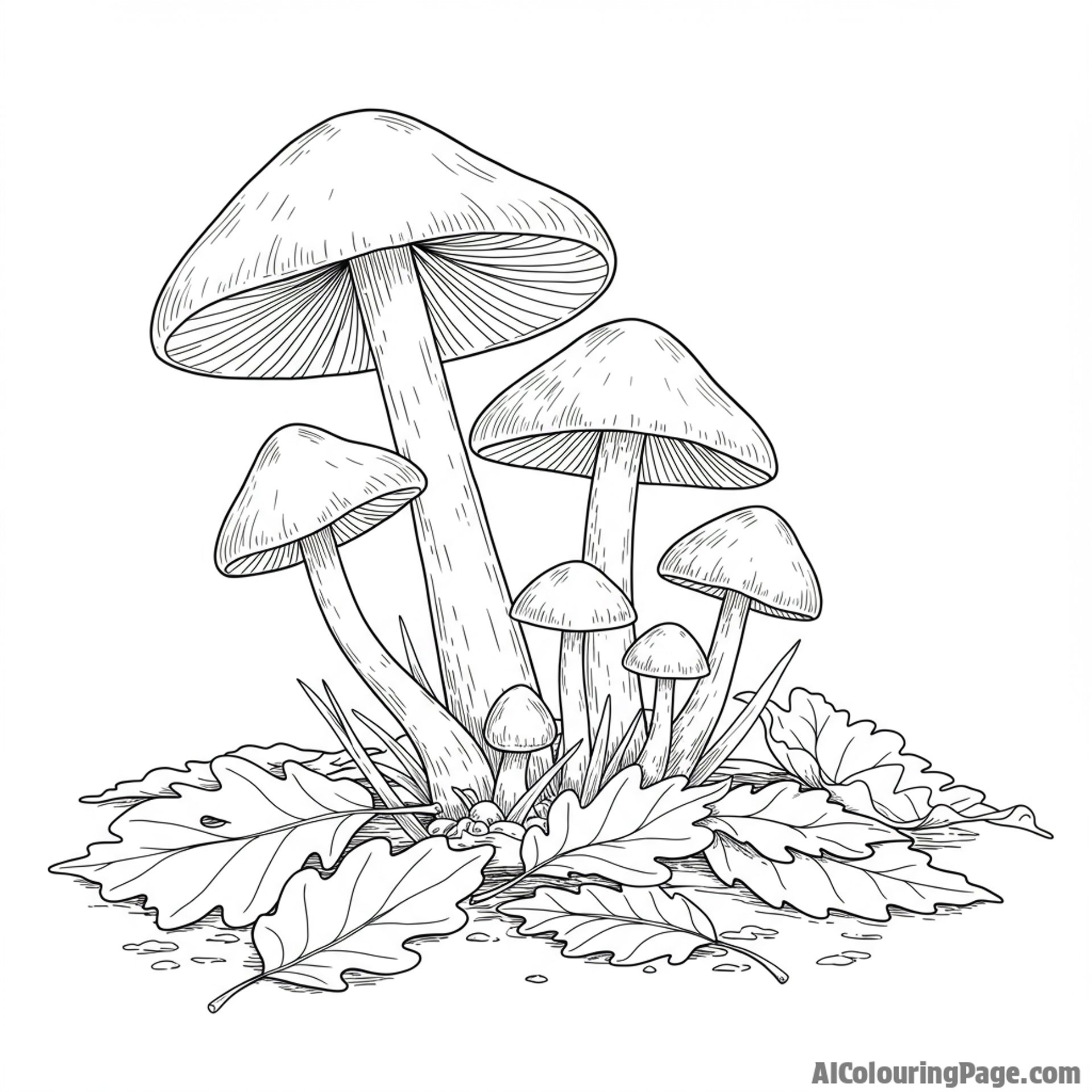 New mushrooms emerging from the forest floor, surrounded by fallen leaves.