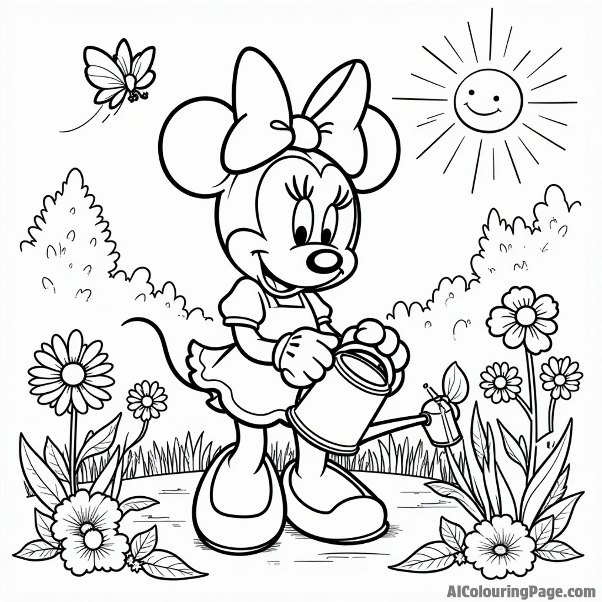 Minnie Mouse gardening with colorful flowers, watering can, and butterflies fluttering around her in a sunny backyard