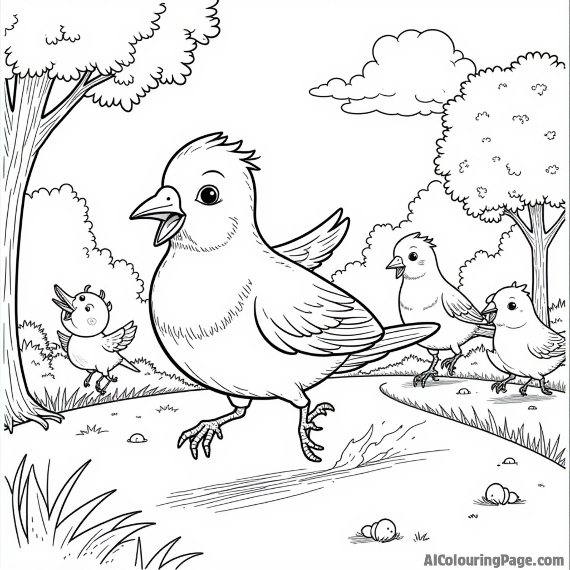A robin participating in a race with other birds on a sunny day, with trees and cheering animals, ready for coloring fun.