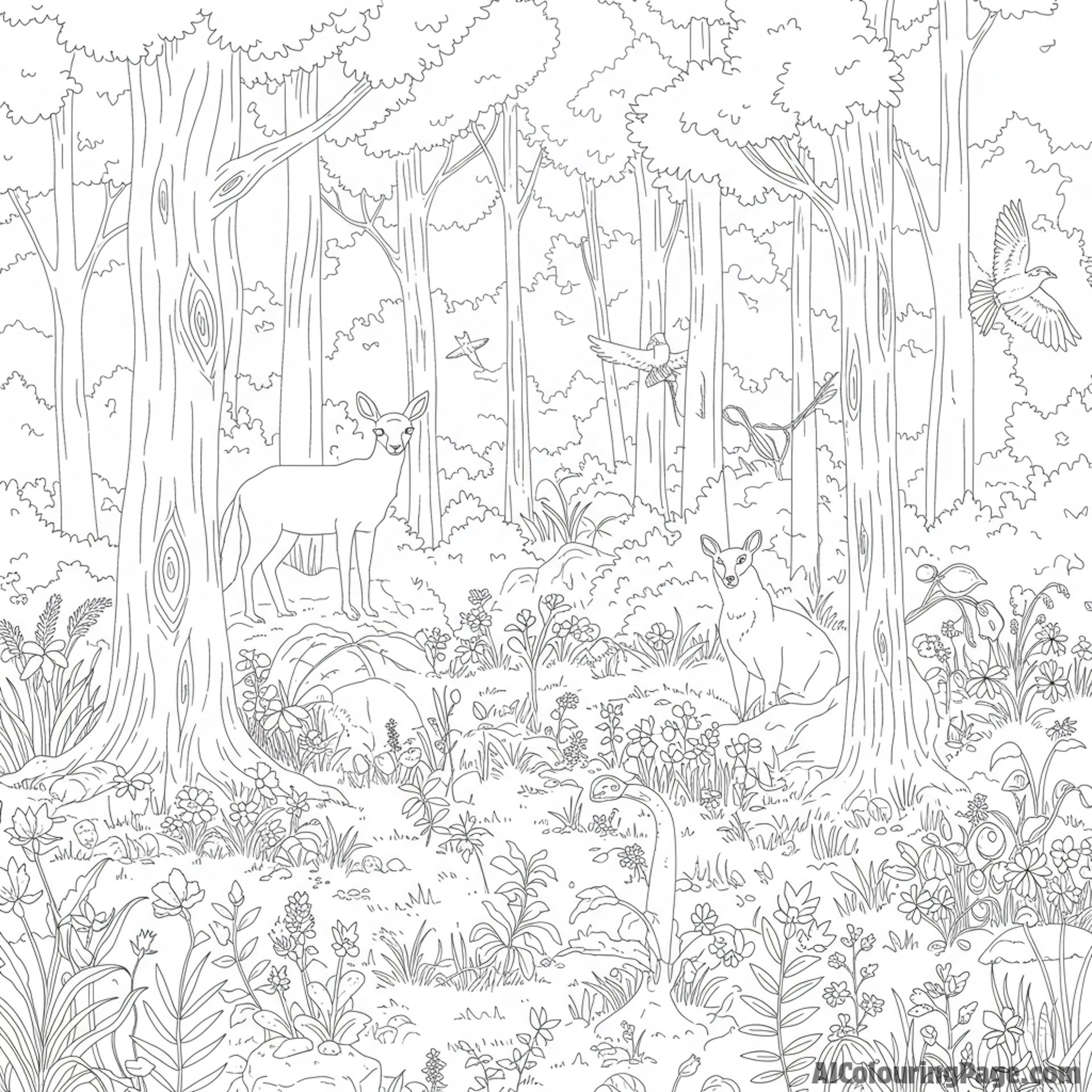 A lush forest scene, teeming with wildlife and growth.