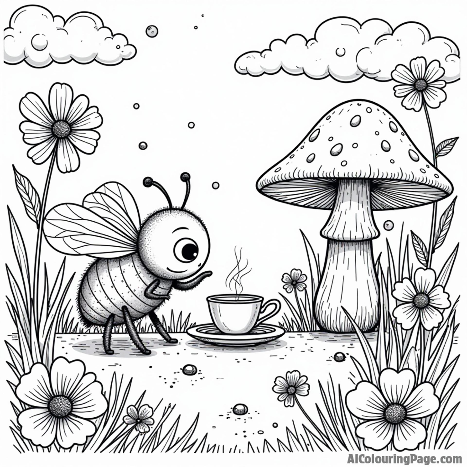 A bee exploring a magical garden filled with oversized flowers, mushrooms, and friendly insects having a tea party.