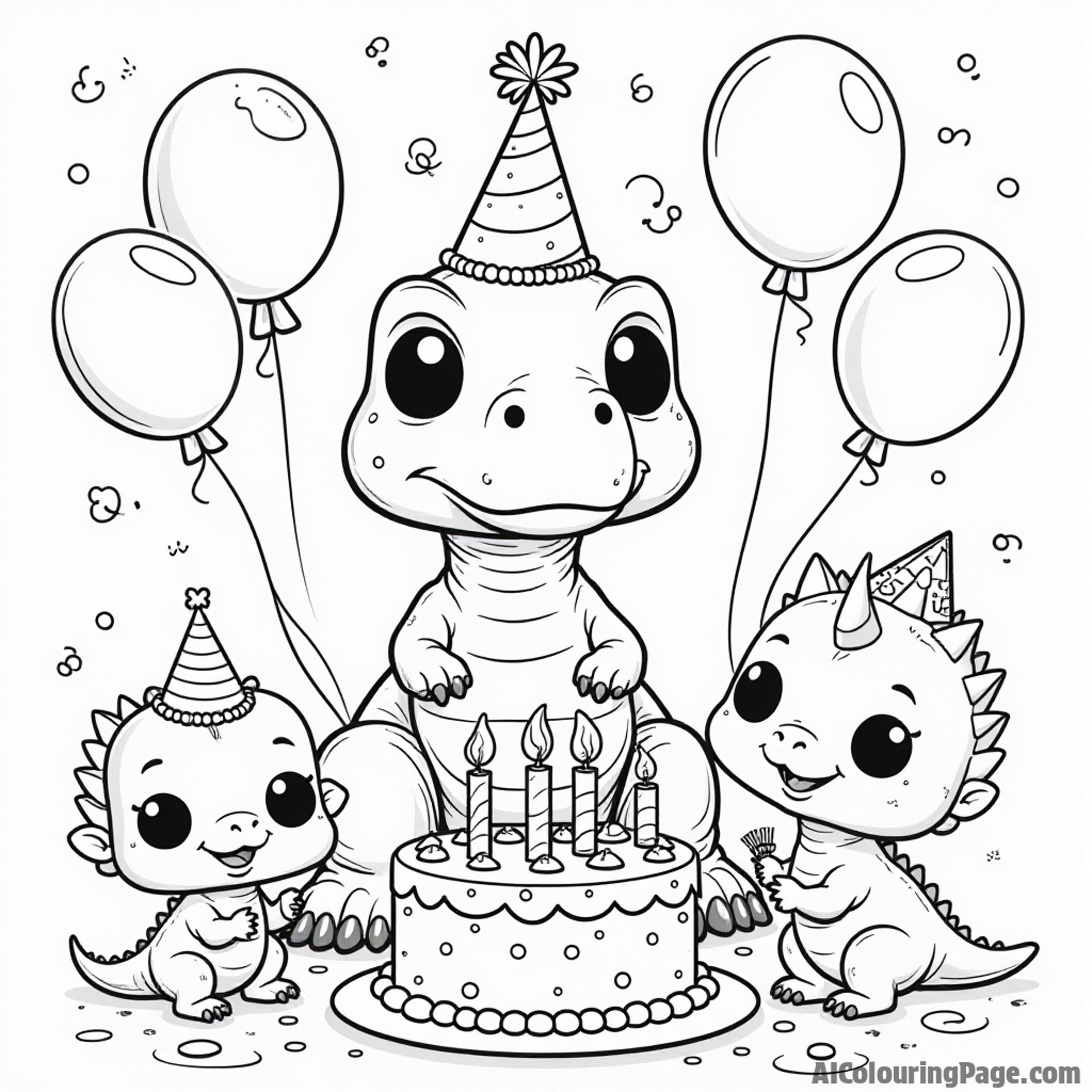 A Funko Pop style dinosaur wearing a party hat, surrounded by balloons and a birthday cake, celebrating with friends in a festive scene perfect for kids to color and enjoy.