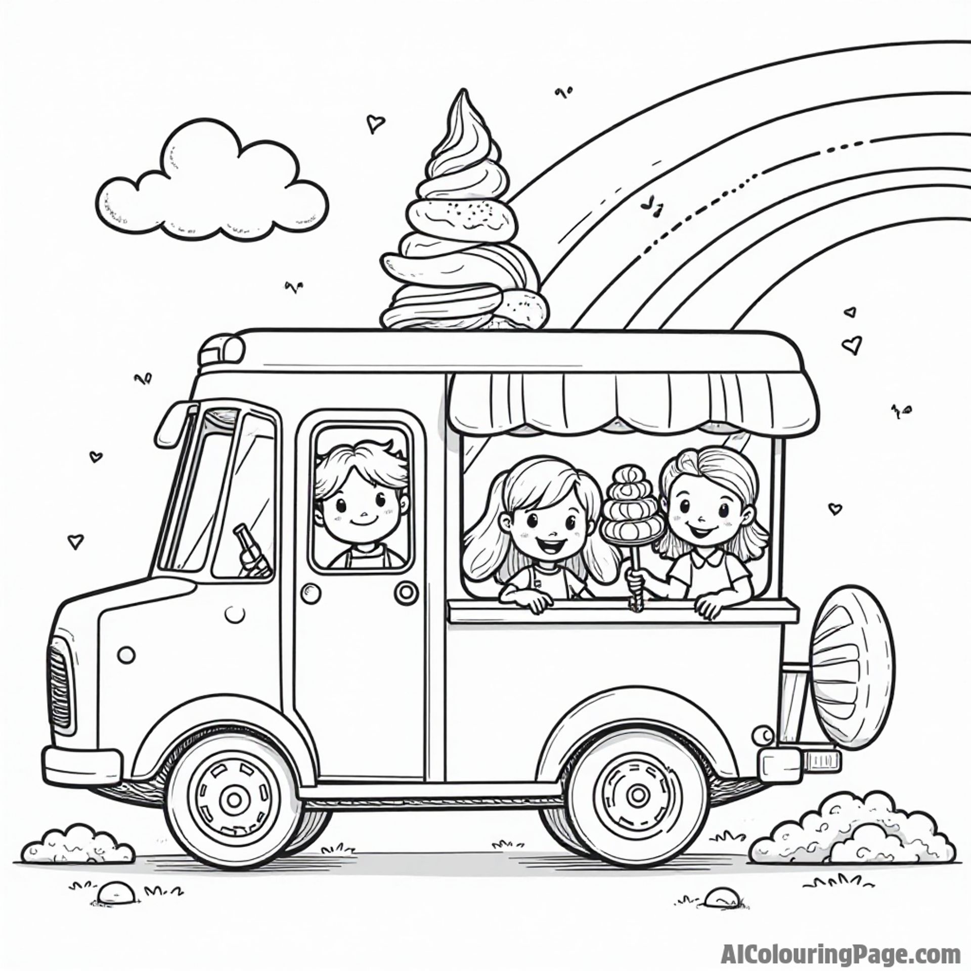 A friendly ice cream truck selling lollipops, happy children lined up, and a rainbow in the background creating joy