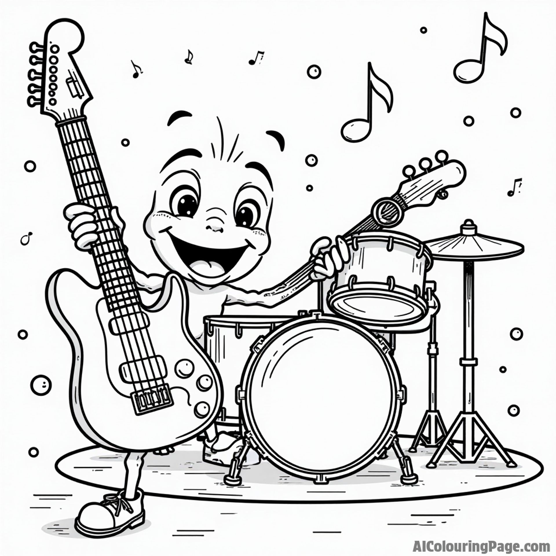 A vibrant music festival with a happy guitar character, a cheerful microphone, and a playful drum set on stage.