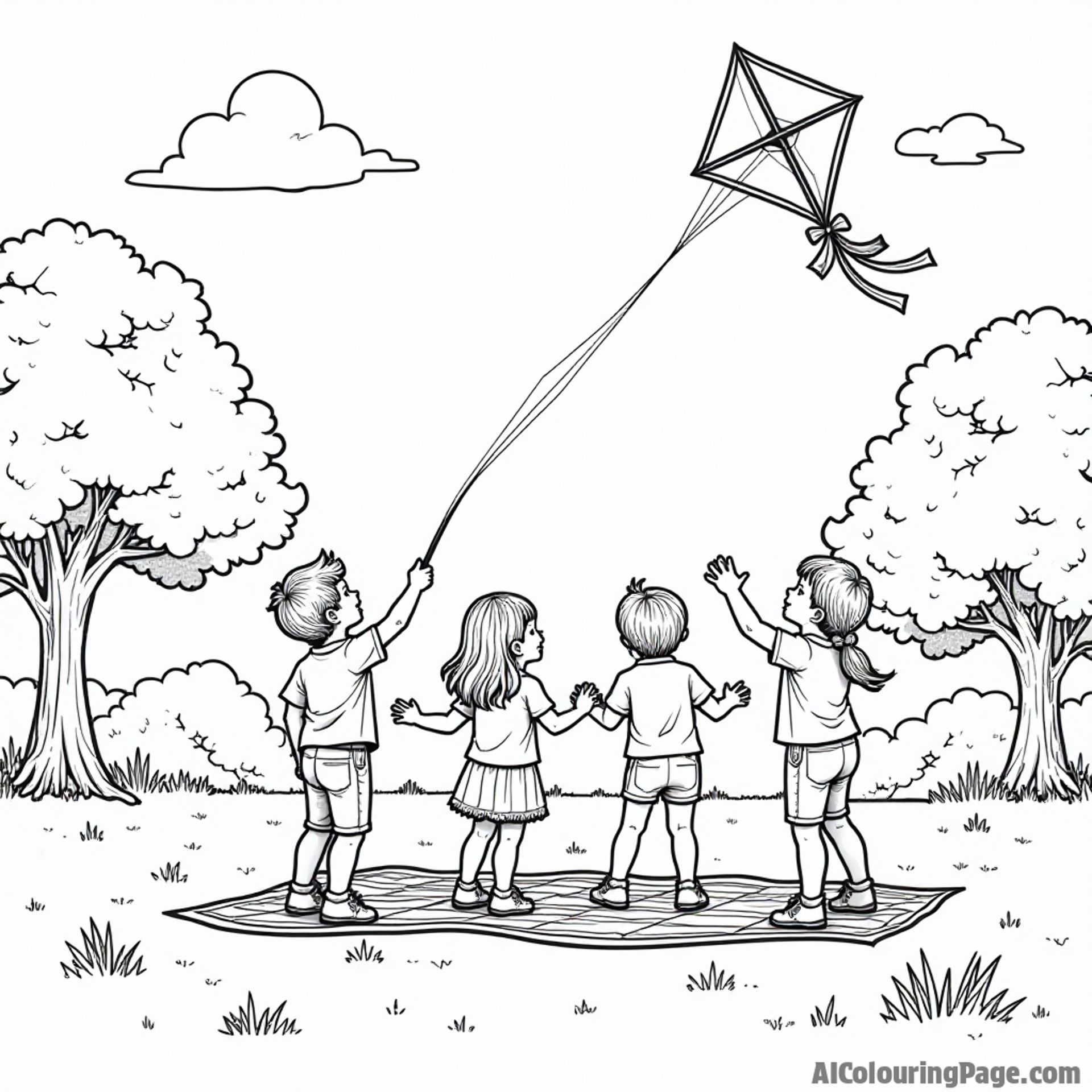 A group of kids flying kites in a Virginia park, with trees and a picnic blanket spread out on the grass.