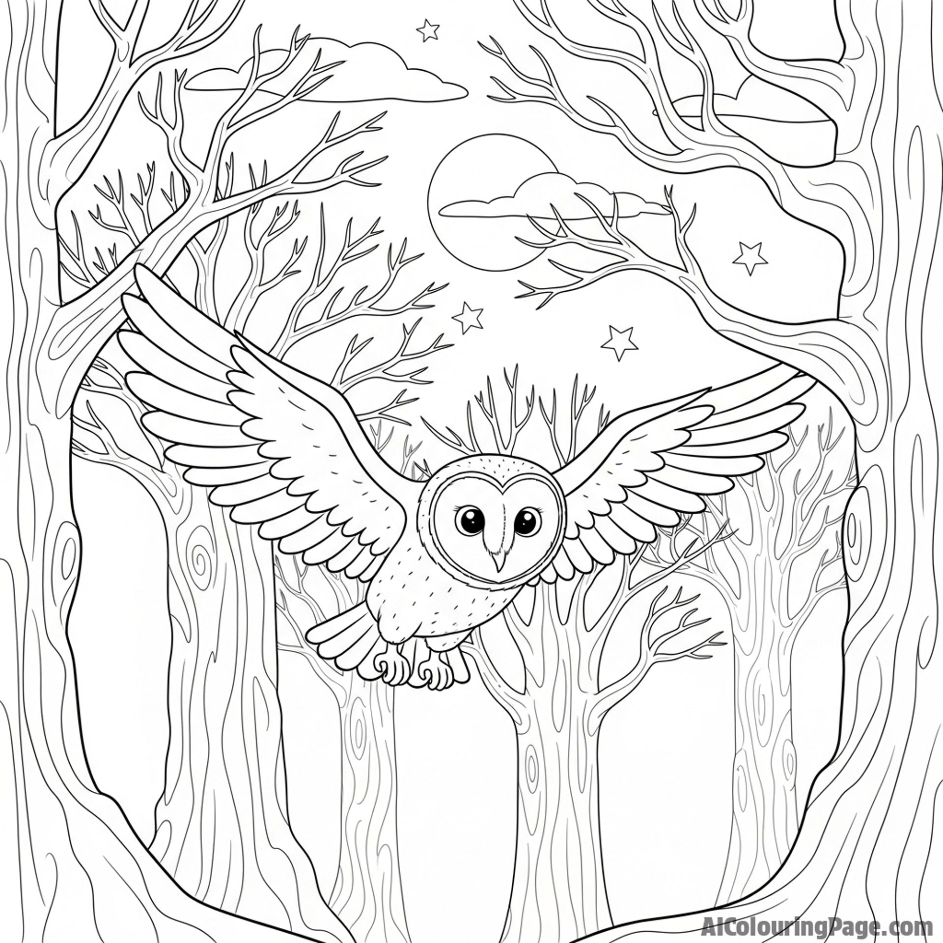 A barn owl in silent flight through a dark, moonlit forest
