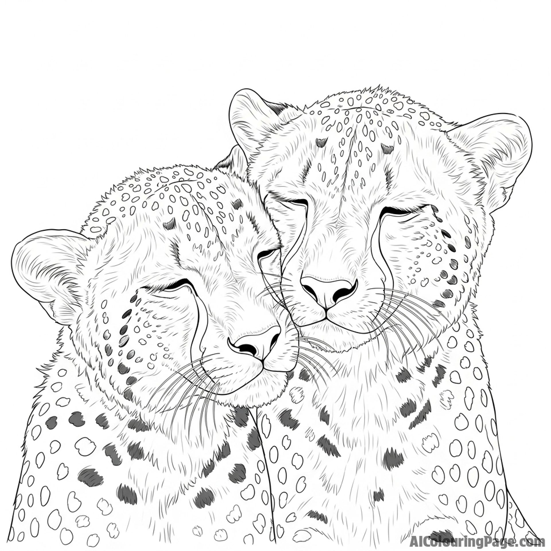 An intimate portrait of two cheetah siblings nuzzling each other affectionately.
