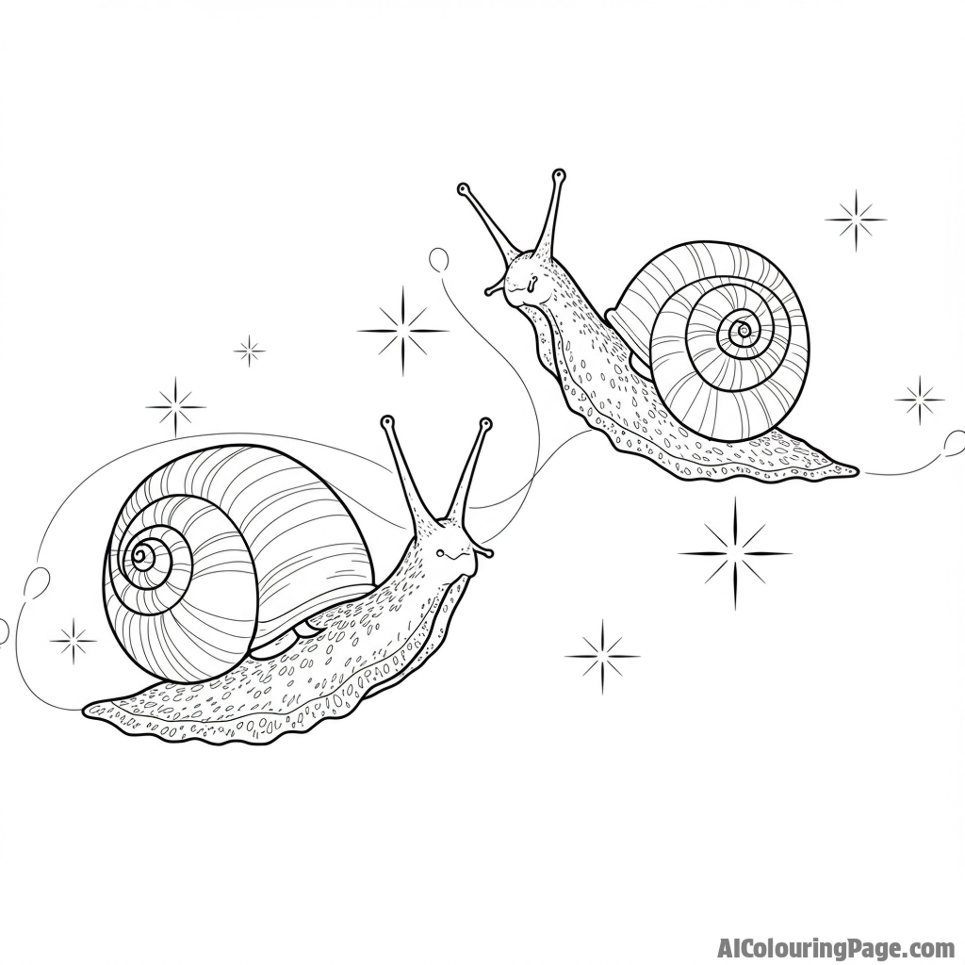 Two snails leaving a shimmering trail towards each other.