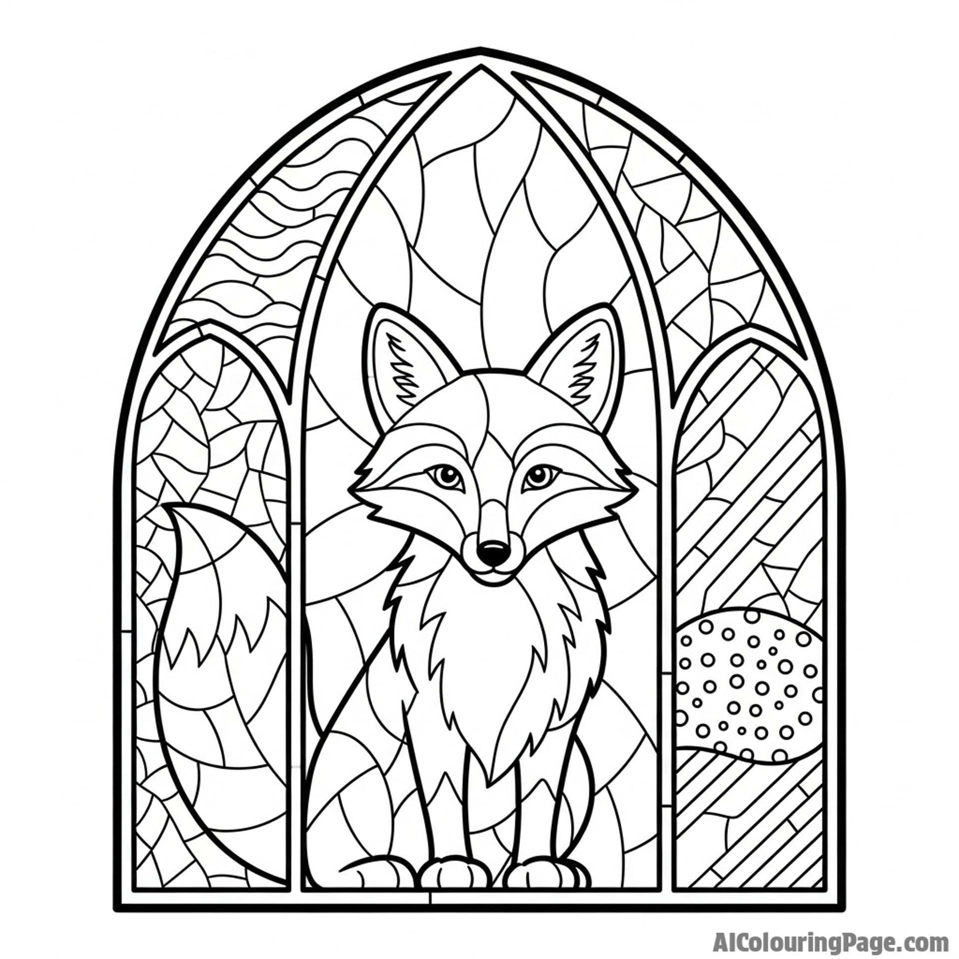 A fox depicted in a stained-glass window, with bold outlines and varied glass textures.